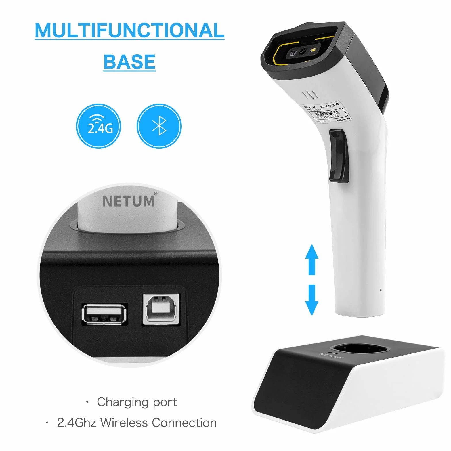 NETUM Escáner de Código de Barras Inalámbrico Bluetooth con Base de Carga Pistola de Escaneo de Detección Automática Funciona con Mac OS, Windows, iOS, Android - DS7500 (Blanco) | Con base de carga y memoria integrada, escaneo automático, rápido y preciso