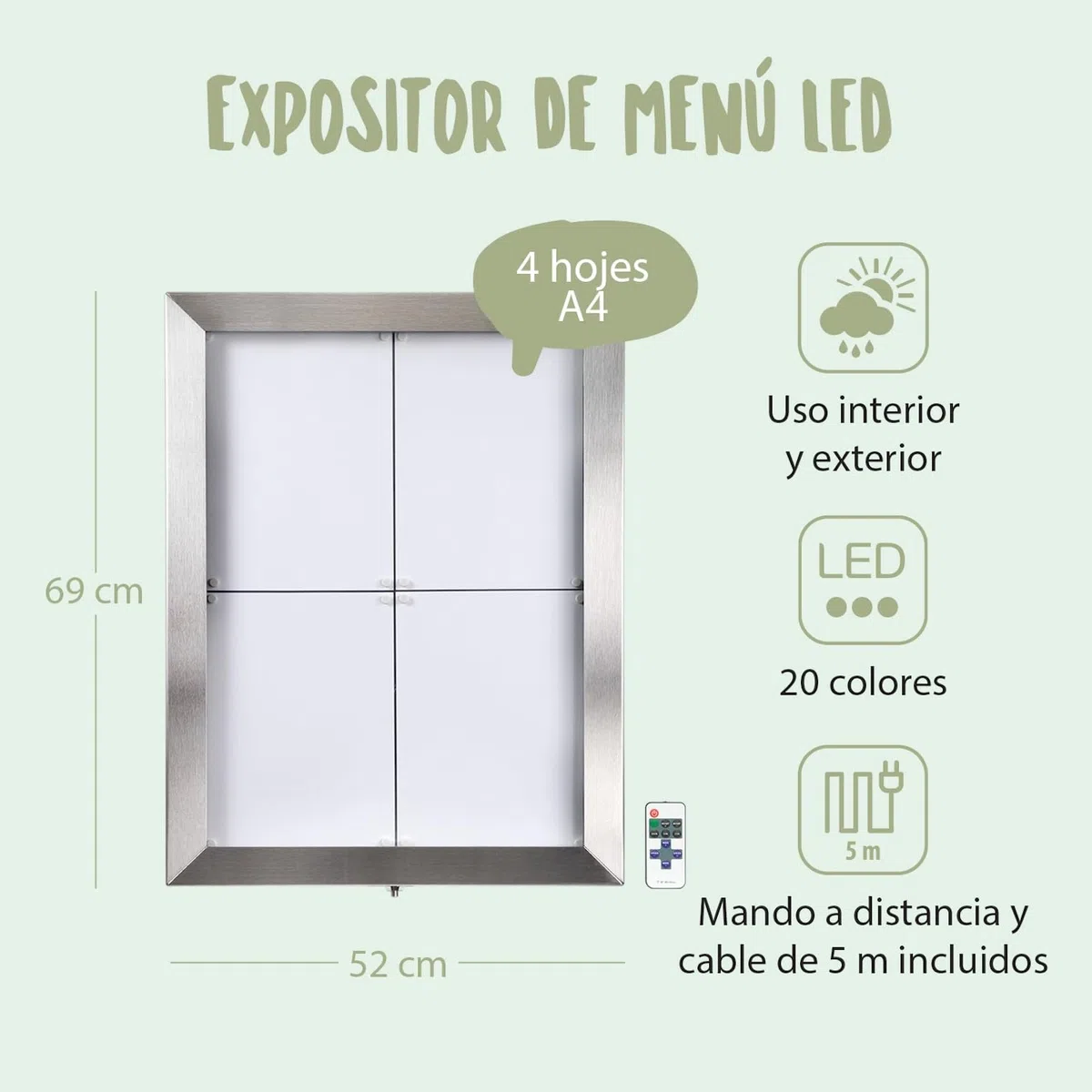 SECURIT - Porta Folletos Exterior LED - 4 Páginas A4 - Acero Inoxidable | Iluminación LED Multicolor - Montaje en Poste o Pared