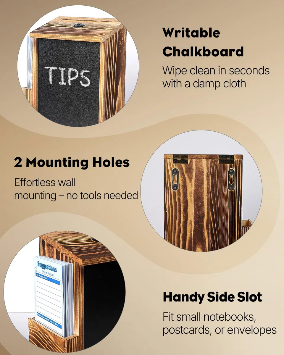 Uniclife Caja de sugerencias Wood, cajas de donativos de madera para recaudar fondos, caja de oraciones con pizarra y 50 tarjetas de sugerencias, urna para votos para bodas
