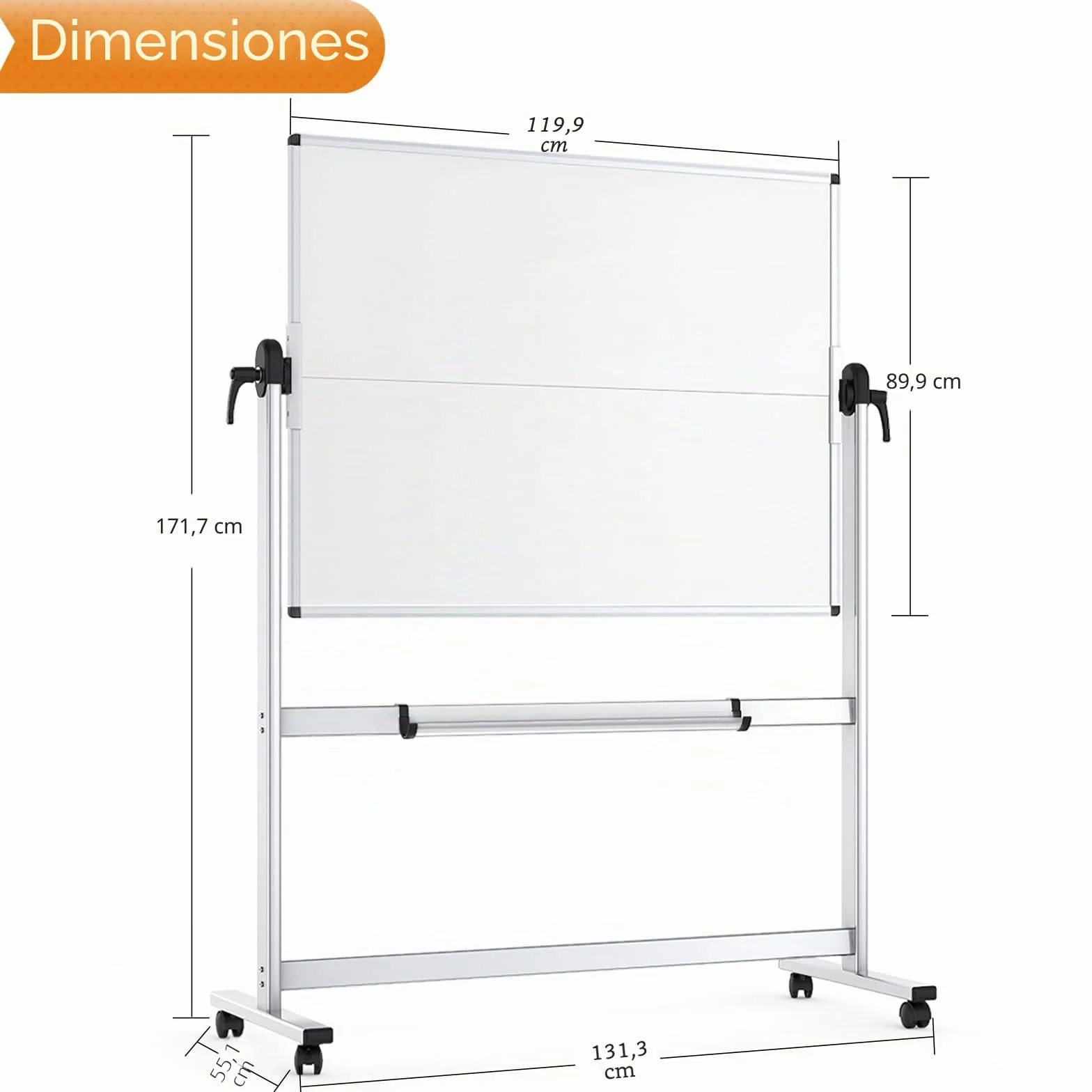 VIZ-PRO Pizarra blanca móvil magnética de doble cara 120x90 cm con ruedas marco de aluminio
