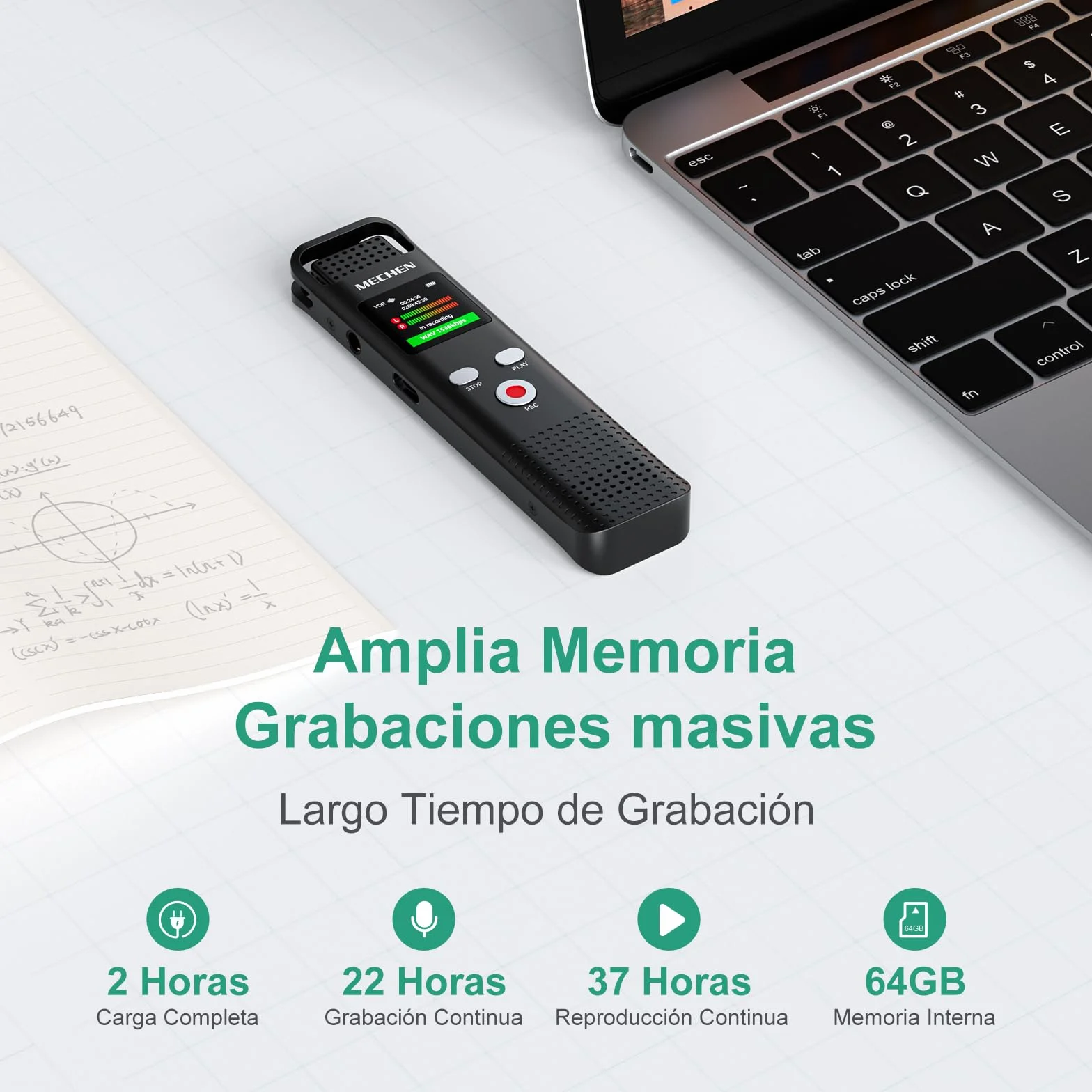 MECHEN 64GB Grabadora de Voz Digital 1536 kbps con Reducción de Ruido V02