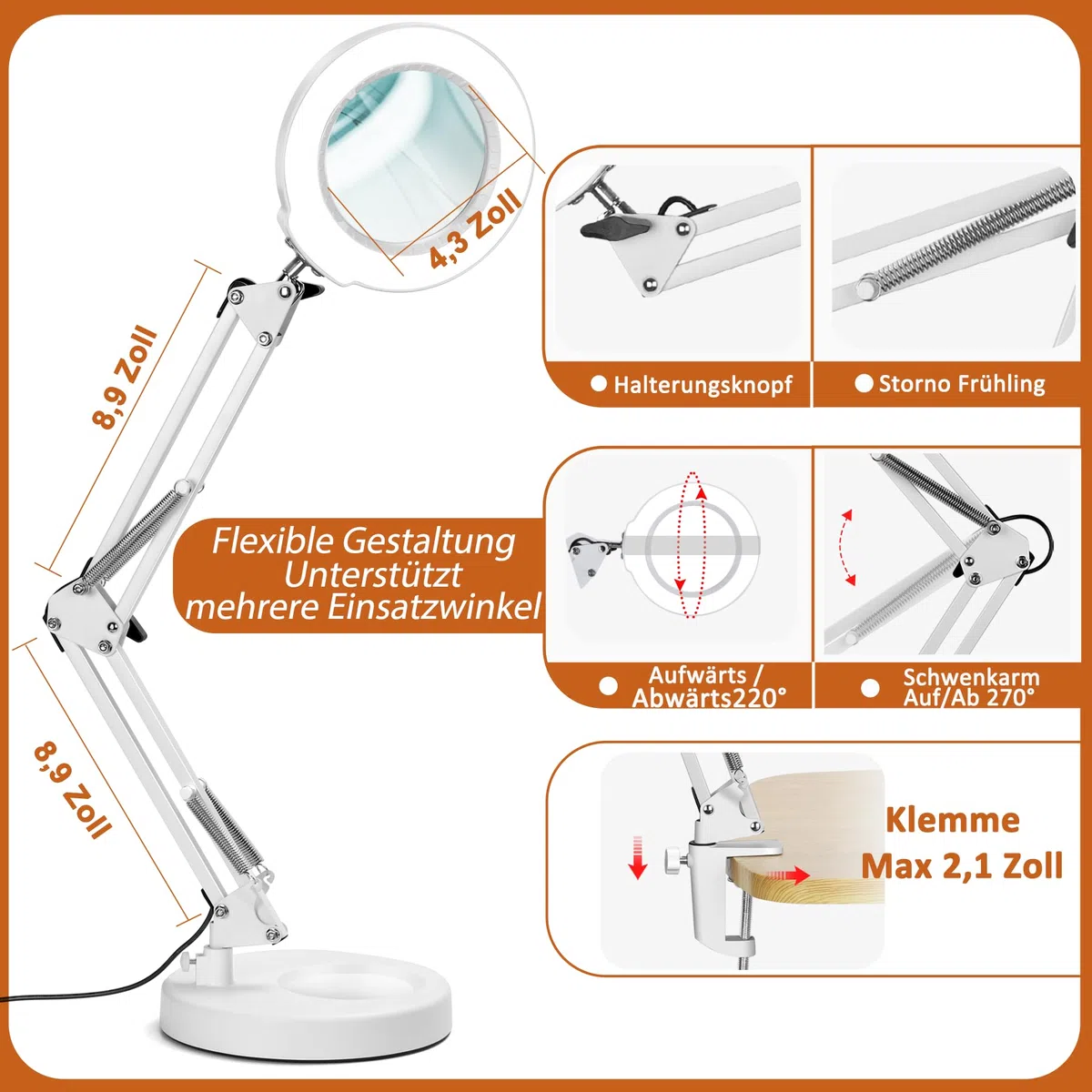 Veemagni 12X Lupa con luz, 5 Modos de Color, Regulable sin Niveles, lámpara de Escritorio 2 en 1 y Abrazadera, Lupa iluminada LED con luz y Soporte, Manos Libres para Manualidades, aficiones, Pintura