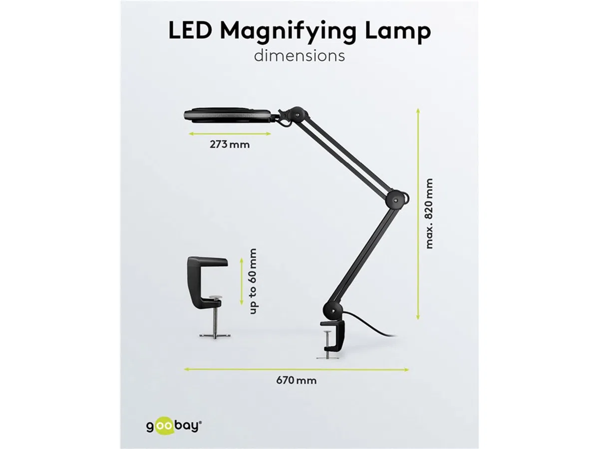 goobay 64989 Lámpara aumento LED 8W 650lm/ pinza/lente cristal 127mm 1,75 aumentos/lupa trabajo cosmética, soldadura, manualidades, leer/brazo doble articulación/lámpara sobremesa
