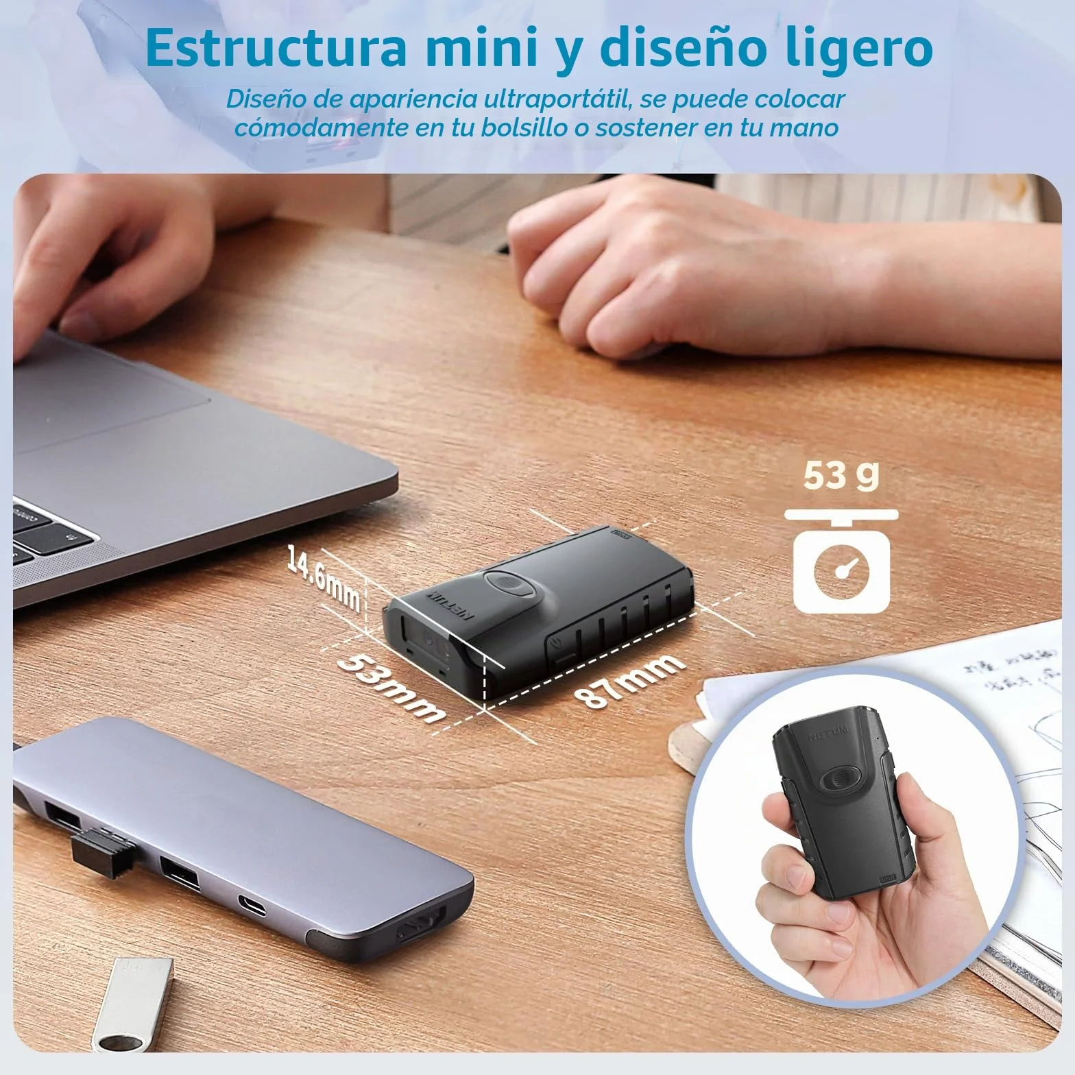 NETUM Escáner de código de Barras 2D Bluetooth, Lector de código de Barras QR 3 en 1 automático Escanear Clip Trasero Trabajo con Tableta iOS Android Windows MacOS inventario de almacén POS