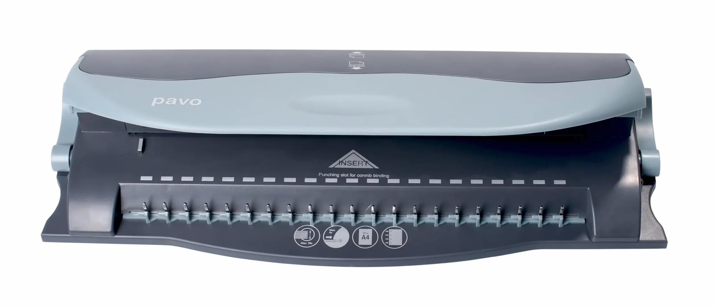 Pavo - Máquina Encuadernadora de Peine, Plata y Negro, Encuaderna hasta 100 Hojas, Perforación 21/19 y 3/4 Agujeros, Guía Ajustable - 8000012