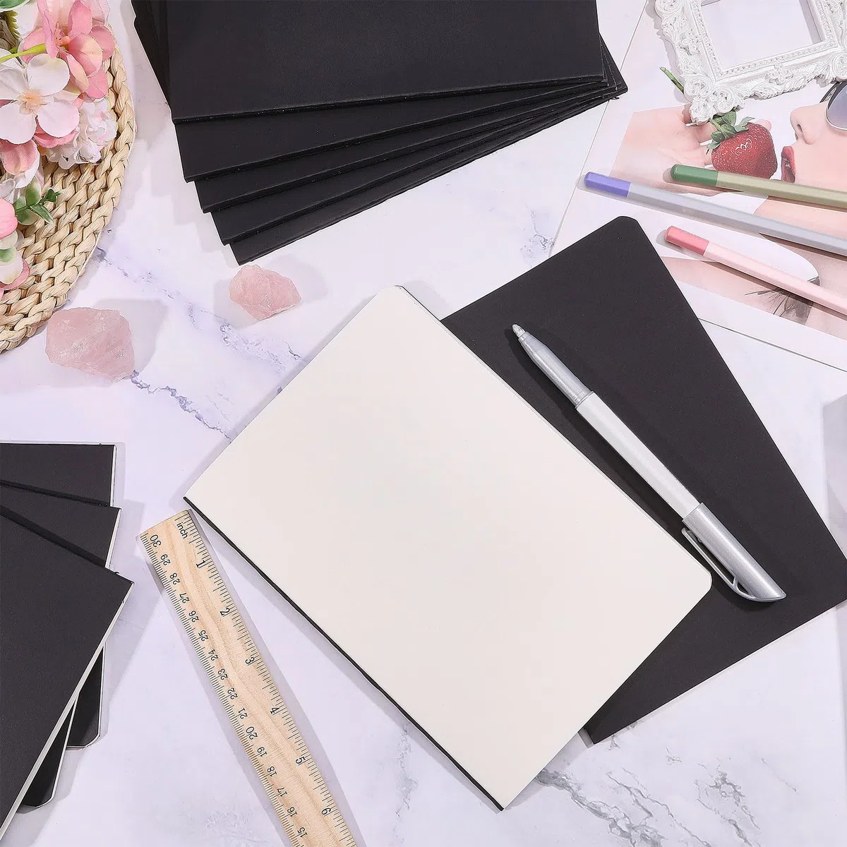 GLOBLELAND 30 cuadernos A5 negros, 50 hojas, 100 páginas, 20 x 12,7 cm, tamaño pequeño, bloc de notas pequeño, sin forro, papel grueso liso para suministros de oficina, dibujo, diario de escritura