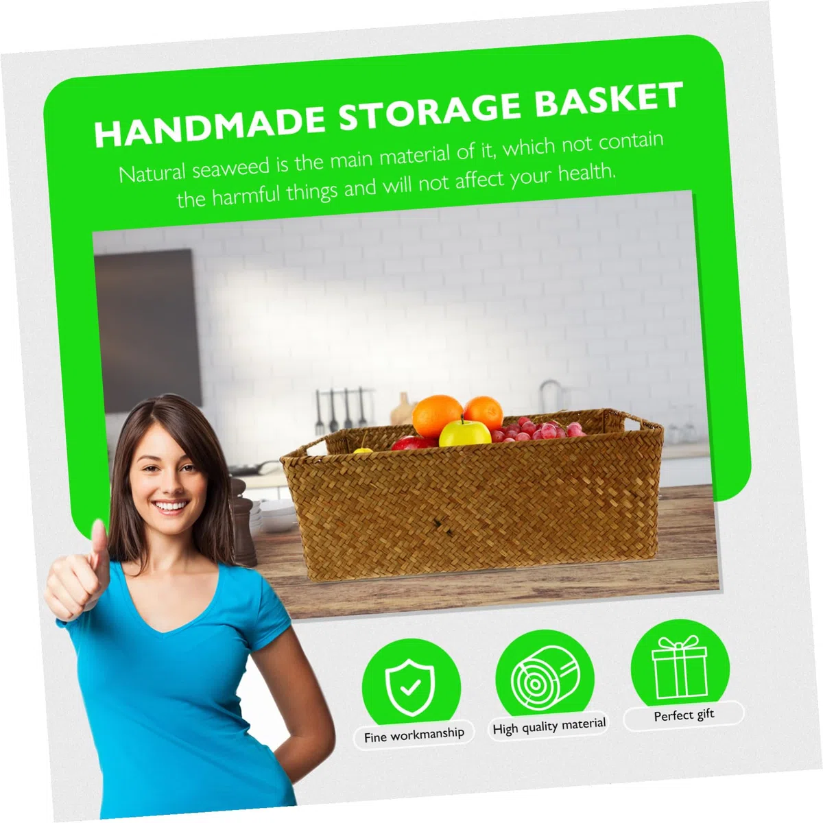 Angoily Cesta de Almacenamiento de Mimbre Grande con Asas Contenedor Organizador Rectangular de Cesta de Almacenamiento de Algas Tejida a Mano Retro Caja para Artículos