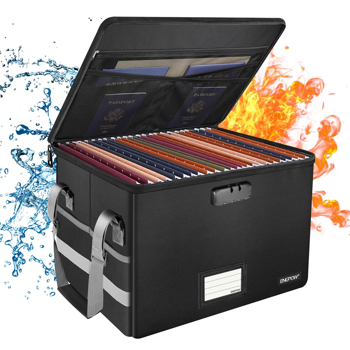 ENGPOW Caja de archivos con cerradura, organizador de almacenamiento de archivos, caja antiestática, caja de documentos plegable ignífuga con asa, caja de seguridad portátil para colgar cartas o