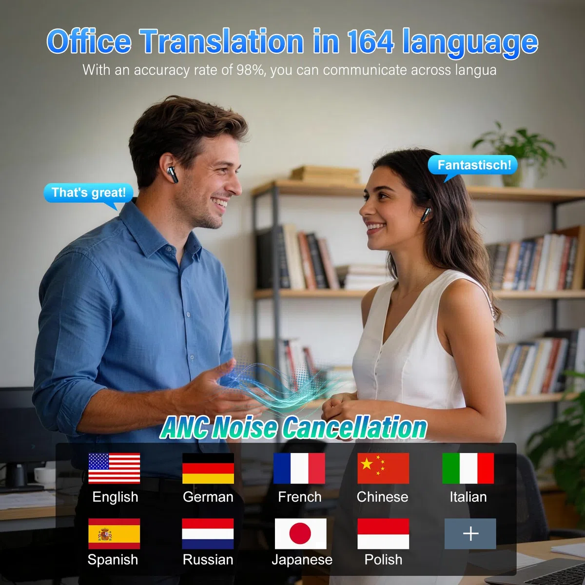 AI Auriculares Traductor en Tiempo Real con Pantalla Táctil LED, 3 en 1 Auriculares Traductores de Idiomas, 6 Modos Traducción con 164 Idiomas, Reducción de Ruido ANC+ENC, 5 Modos EQ, 48H, Negro