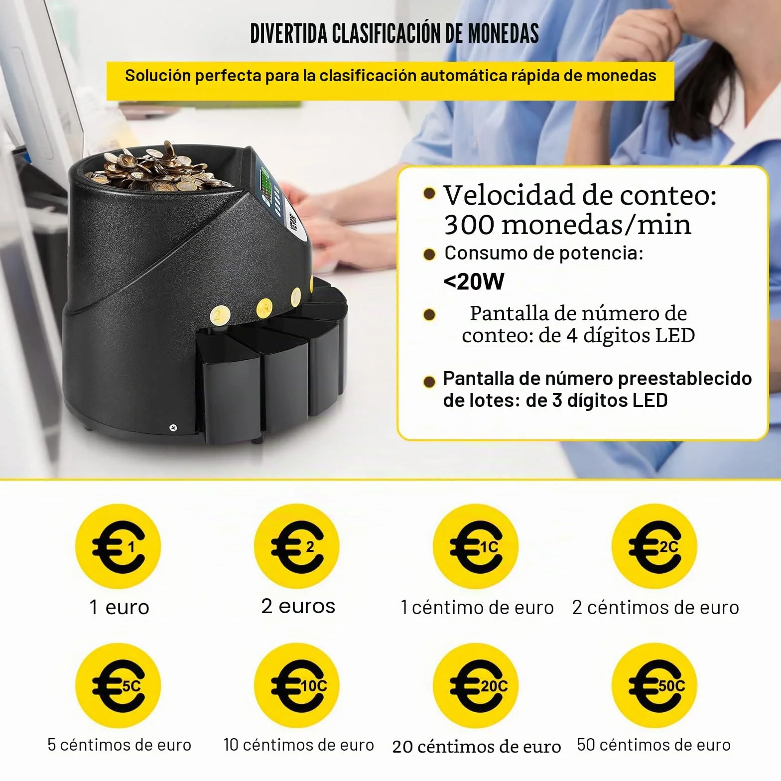 Chaneau Contador de Monedas Profesional 170 Monedas por Minuto Clasificador con Pantalla LED 8 Cajas