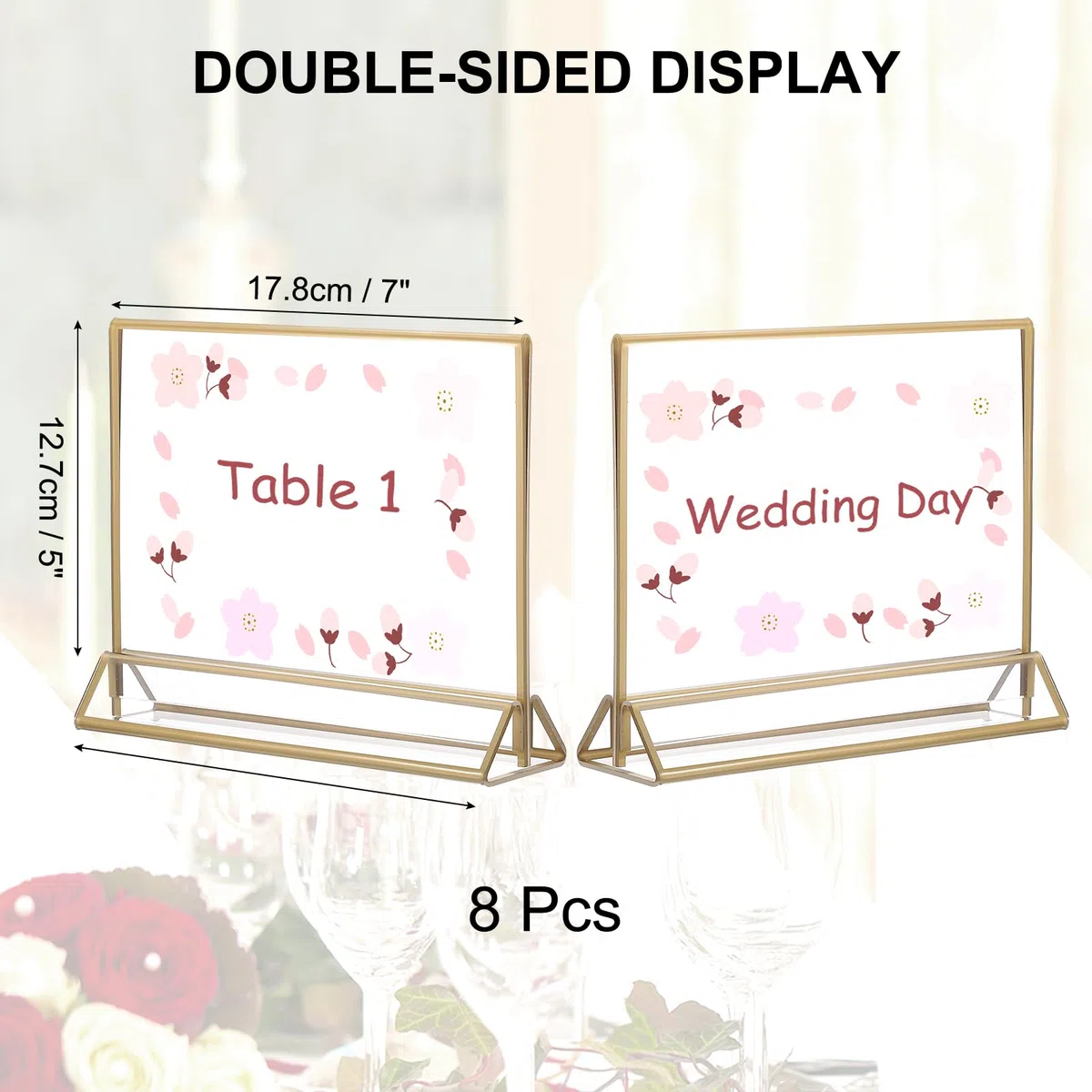 PATIKIL Soporte de acrílico transparente de 5 x 7 pulgadas, 8 paquetes de soportes de menú de mesa, bordes dorados, marcos de fotos de doble cara para recepción de boda, números de mesa, fiesta