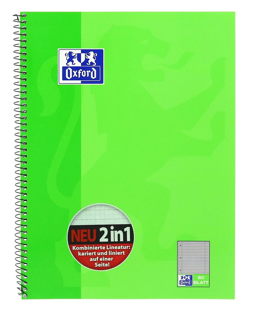 Oxford KarLi 100050362 - Cuaderno de espiral (10 unidades, cuadriculado con rayas, 80 hojas, A4+, 90 g/m²), color verde