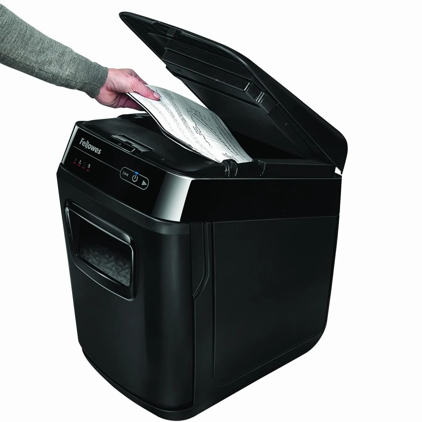 Fellowes AutoMax 150C - Trituradora de Papel híbrida, Corte en partículas (DIN-P4), destruye 150 Hojas de Manera automática y 8 manualmente, trituradora de Papel para Oficina, Papelera 32L, Negra