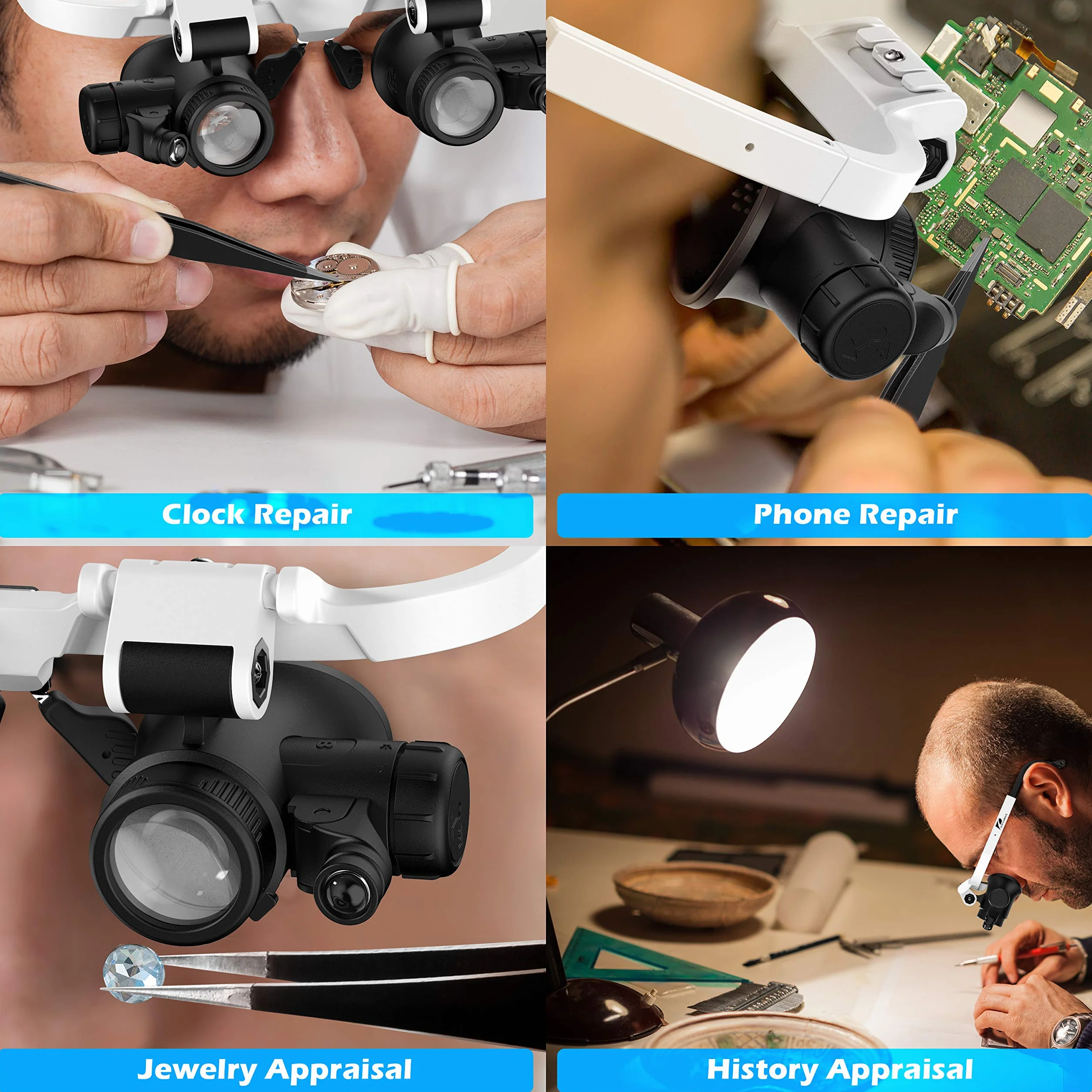 Lupa de Diadema Lightswim con 2 Luces LED, 3X-15X Lentes Intercambiables para Manualidades, Lectura, Reparación de Relojes y Joyas, Pasatiempos