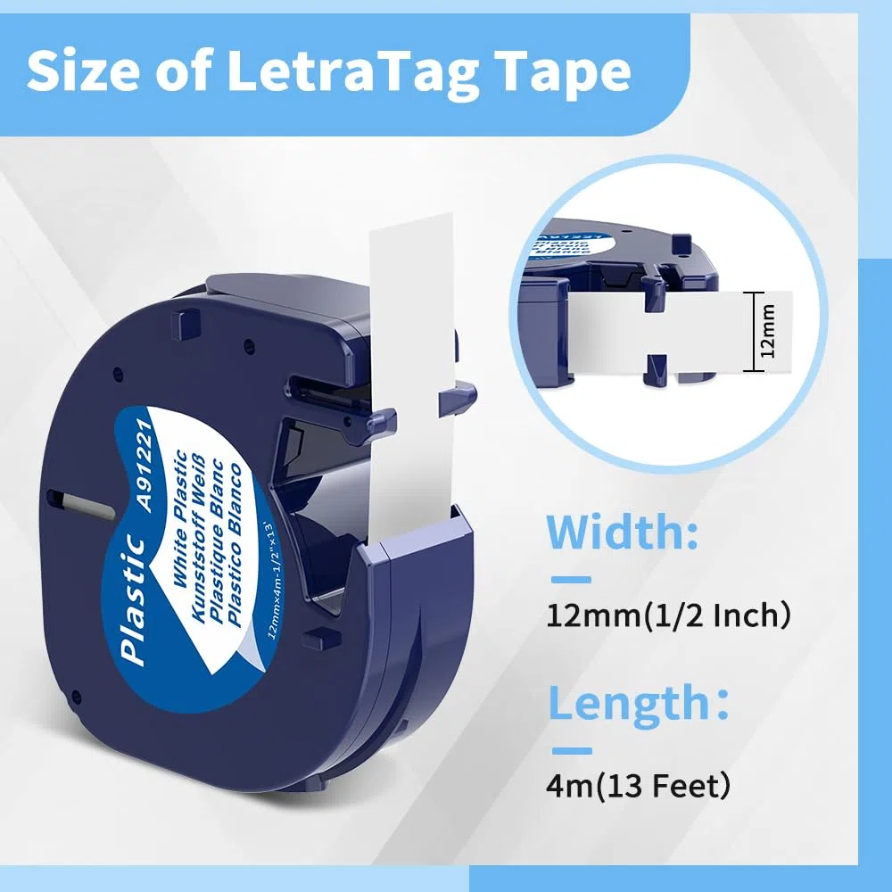 Wonfoucs Cinta de escritura de 12 mm x 4 m compatible con Dymo Letratag de 12 mm x 4 m 91221 S0721660 negro sobre blanco para Dymo Letra tag LT-100H LT-100T LT-110T XR, 10 unidades