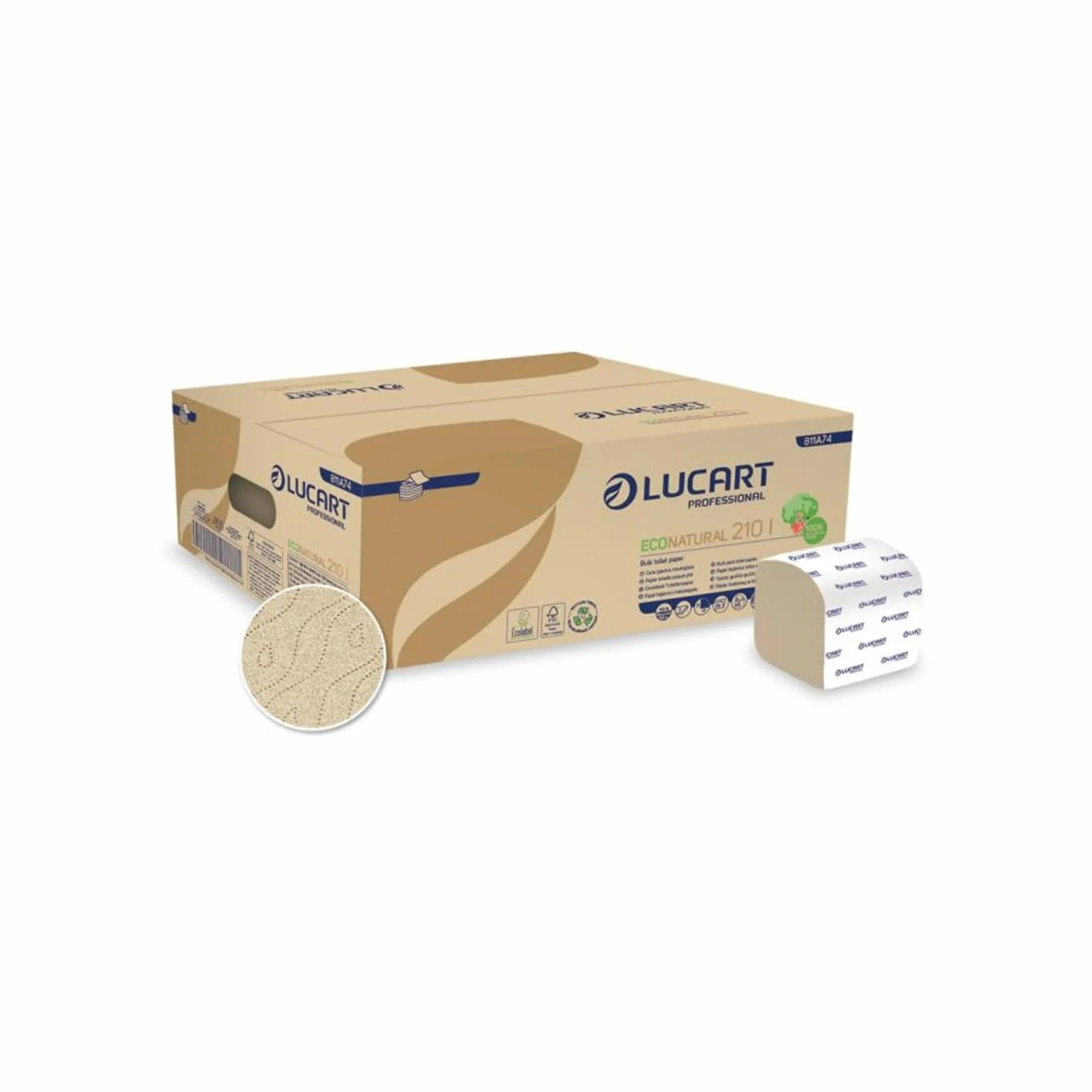 Lucart Professional, EcoNatural 210I, Papel Higiénico Interplegado en Fiberpack, Ideal para Baños Públicos y Oficinas, 210 piezas por paquete, 10x21 cm, 40 paquetes