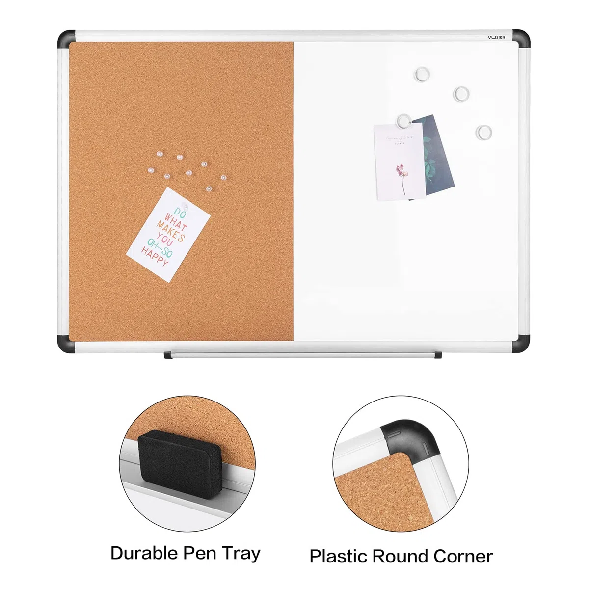 VUSIGN Combinación pizarra magnética y tablero de corcho, 24 x 36 pulgadas, tablero de anuncios montado en la pared, borrado en seco/tablero de corcho combinación con marco de aluminio