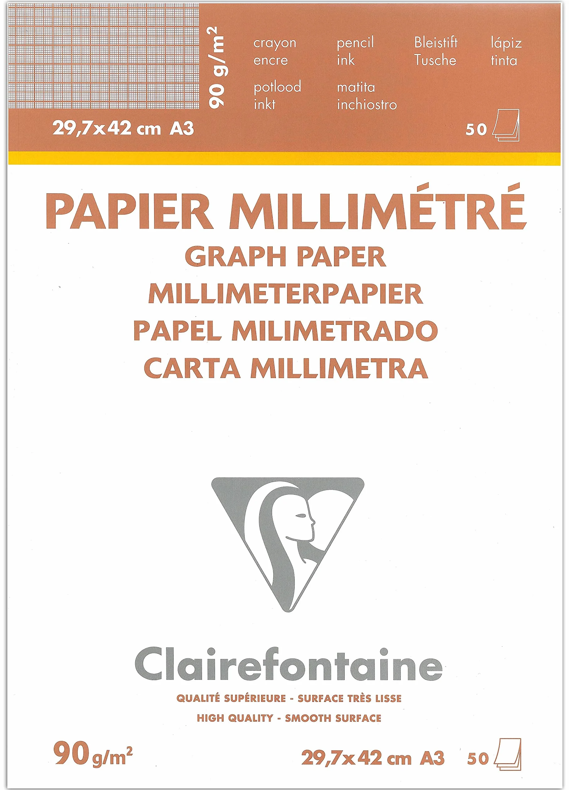 Clairefontaine Bloc de papel milimetrado 97136C (A3, 90 g, 50 hojas), color blanco