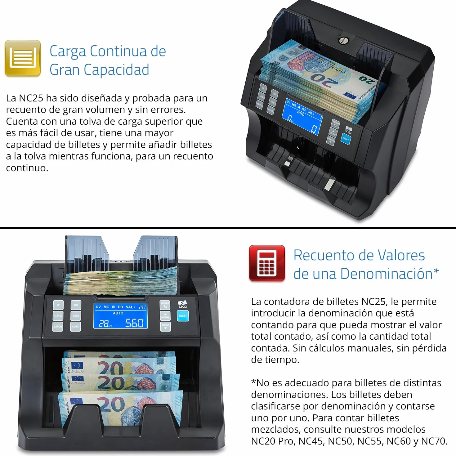 ZZap NC25 Contadora de billetes y detector de falsificaciones
