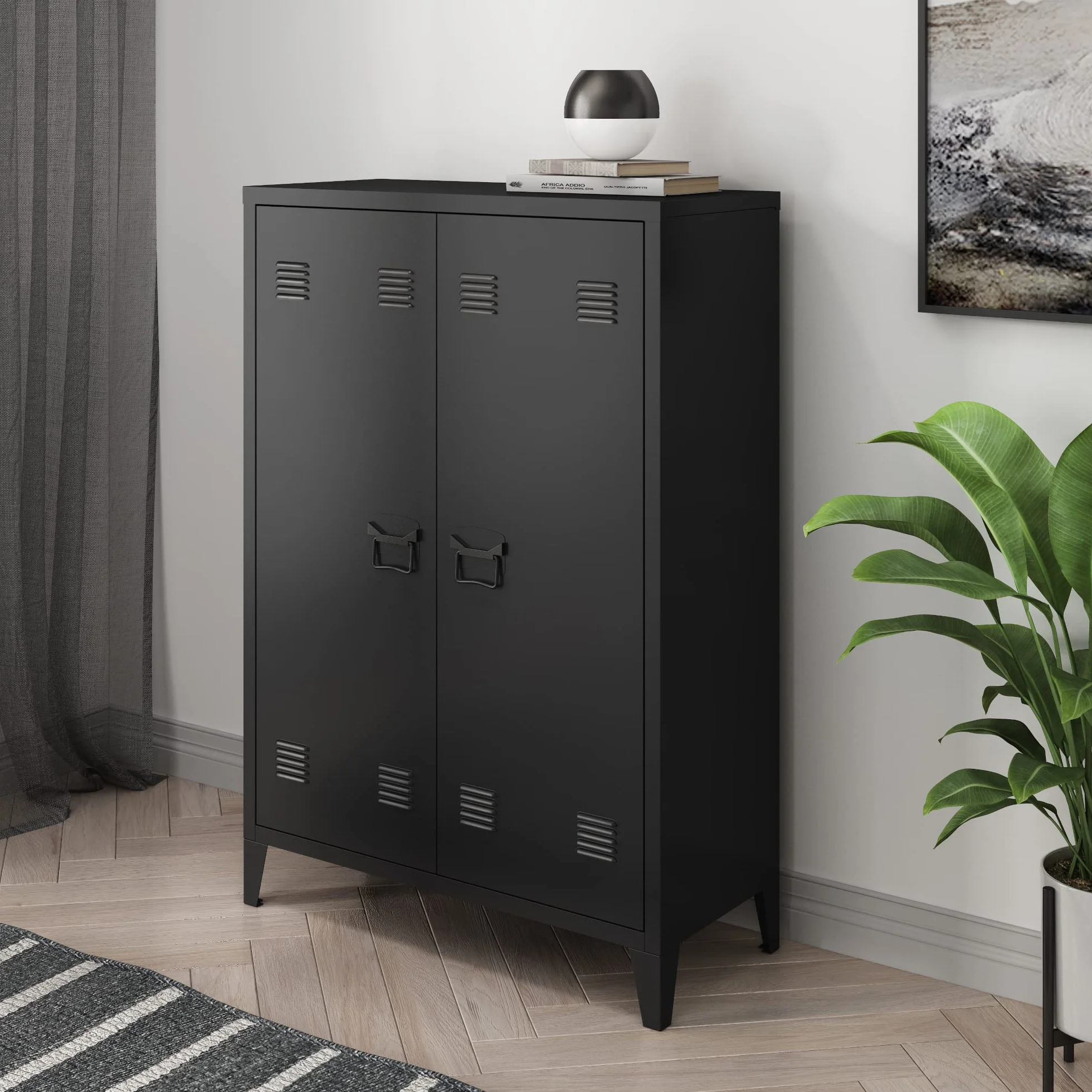 [en.casa] Armario Metálico de Oficina con Cerraduras Magnéticas Mueble Organizador con 2 Estantes Regulables Ventilación Óptima Acero 110 x 75 x 33 cm Negro