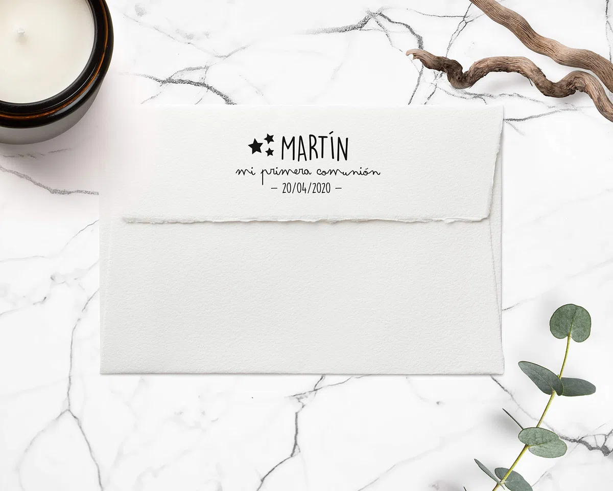 Stamp by Me | Sello Personalizado para Comunión | 4 Diseños | Sello de Madera | Sello de Comunión | Ideal para los Sobres e Invitaciones | Con Tampón de Tinta Opcional | Nombre y Fecha | Estrellas