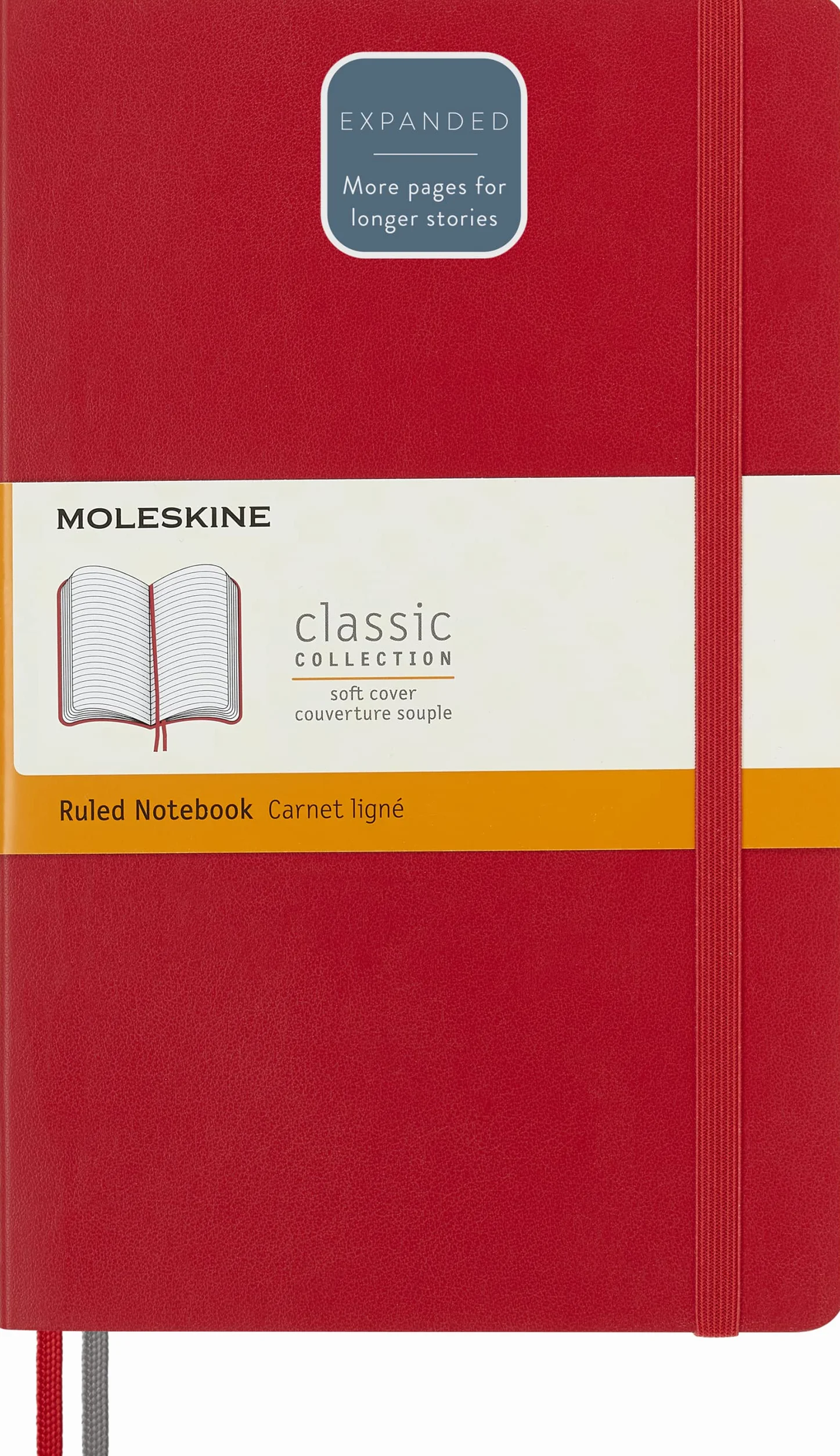 Moleskine Classic Notebook Expanded, Cuaderno Rayado, Tapa Blanda y Cierre Elástico, Large 13 x 21 cm, Rojo Escarlata, 400 Páginas | Cuaderno grande de 12,7 x 21 cm con 400 páginas rayadas para diario, notas, planificación y escritura diaria.