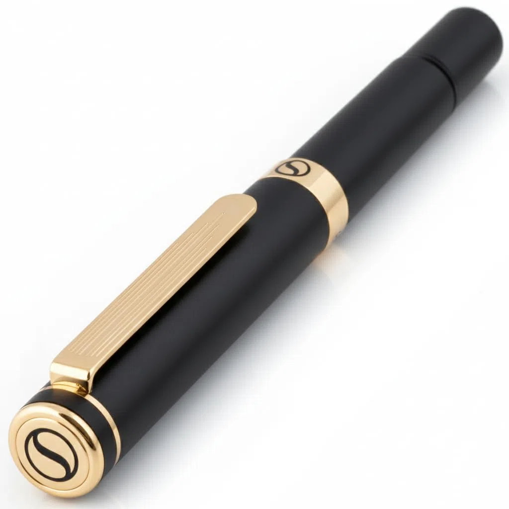 Scriveiner Bolígrafo Rollerball EDC Negro de Lujo, Chapado en Oro Auténtico, Recambio Schmidt Alemán