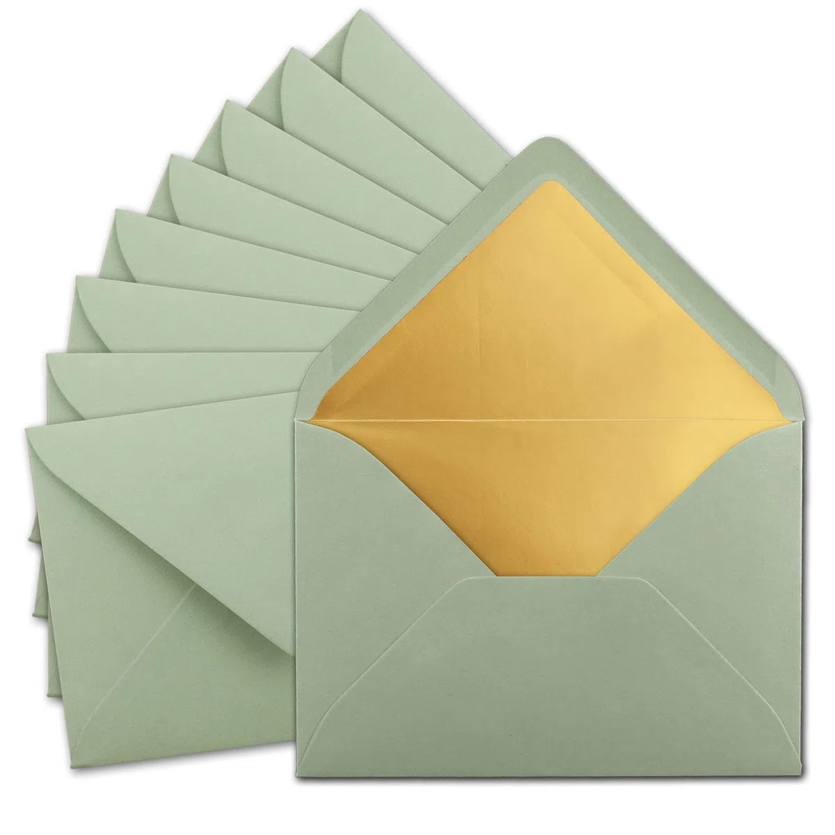 Gustav Neuser 100 sobres DIN C5 de 15,7 x 22,5 cm en color verde eucalipto con forro de seda dorado, pegado en húmedo, sobres en blanco, sobres postales sin ventana en formato C5 -