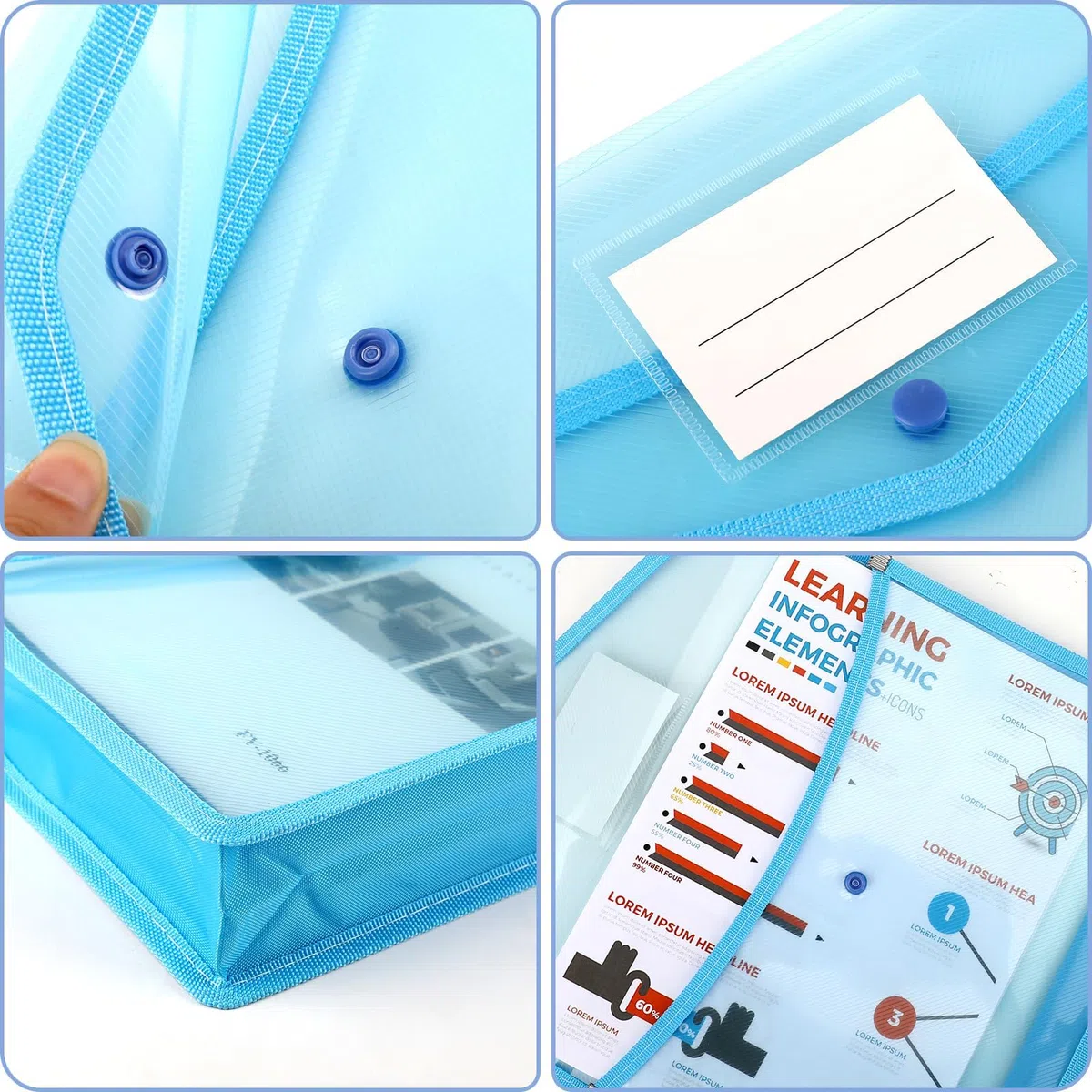Cartera de plástico, A4, carpeta de documentos de plástico con sobres y soporte para tarjetas de visita (Pack de 5)