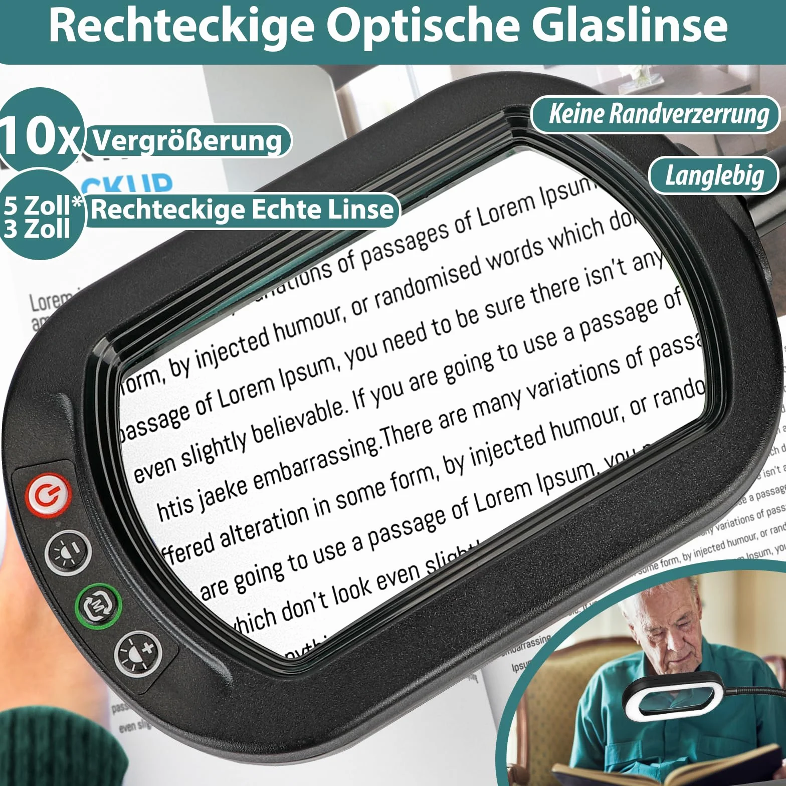 Drdefi 10X Rectangular Lupa con Luz y Soporte, 5 Modos de Color, Regulabilidad Continua, LED Lámpara de Escritorio Flexible con Cuello de Cisne, Lámpara de Lupa Manos Libres para Lectura Reparación