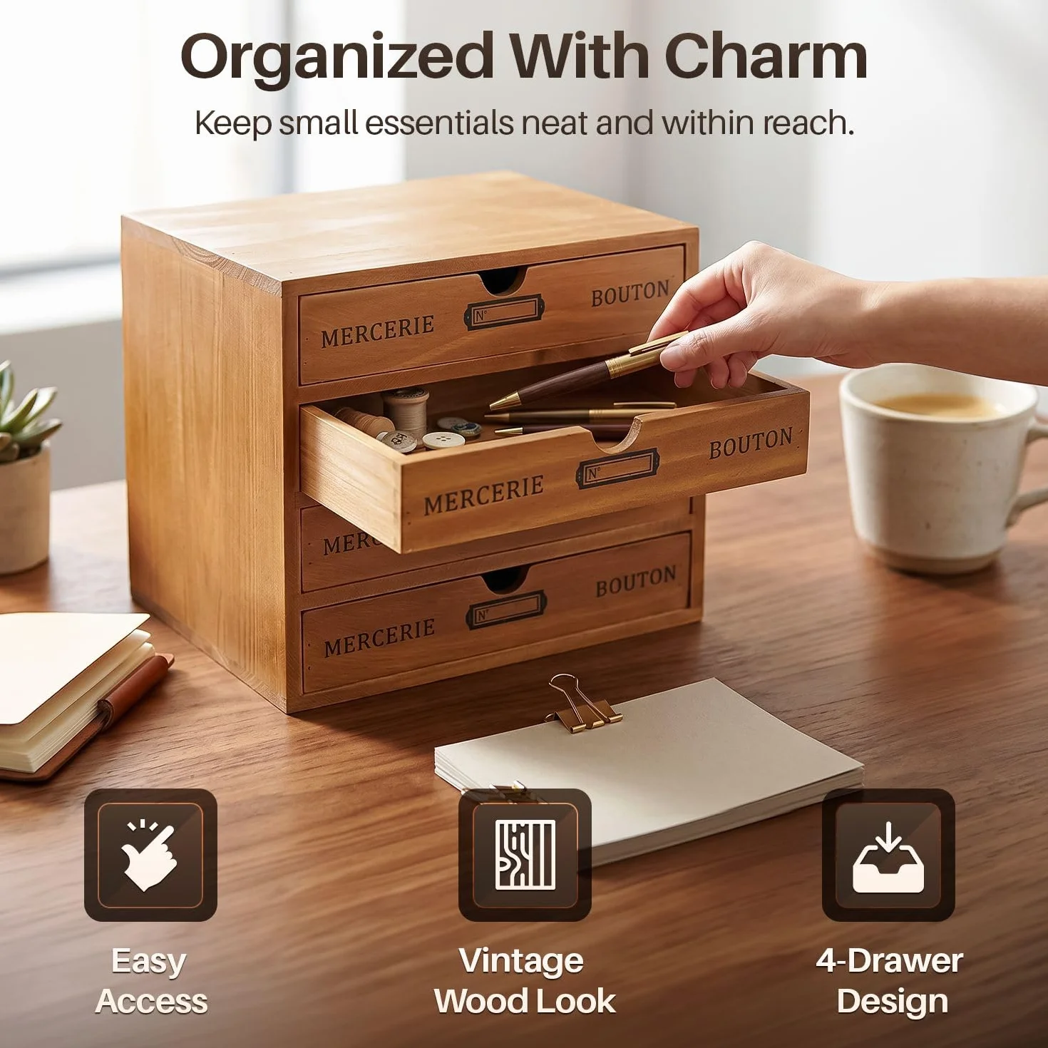 Flexzion Organizador de escritorio de madera con 4 cajones, gabinete de mesa de 4 niveles