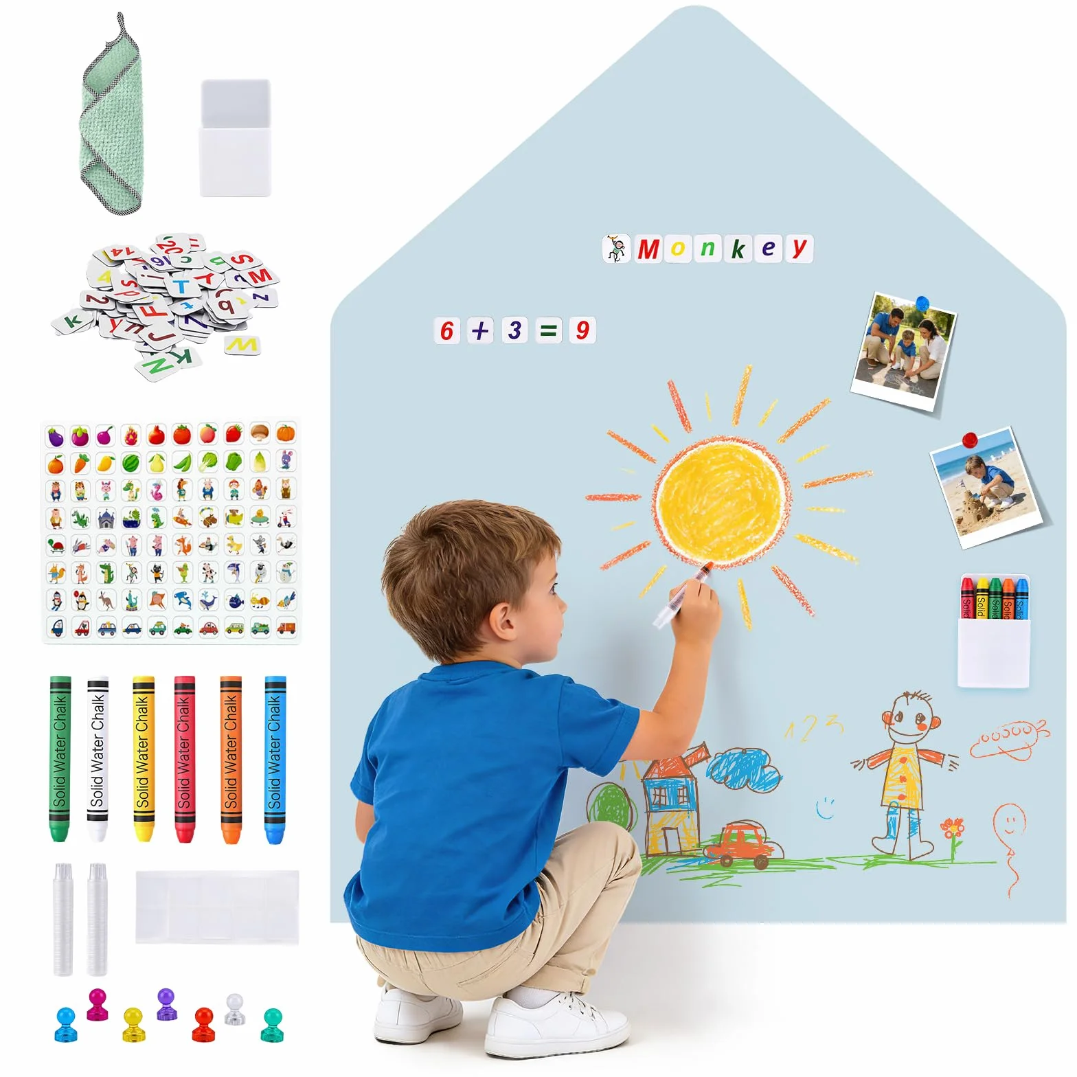Pizarra magnética infantil autoadhesiva, pizarra de pared en forma de arco con colores pastel y tizas, pared magnética para niñas y niños (azul + letras)