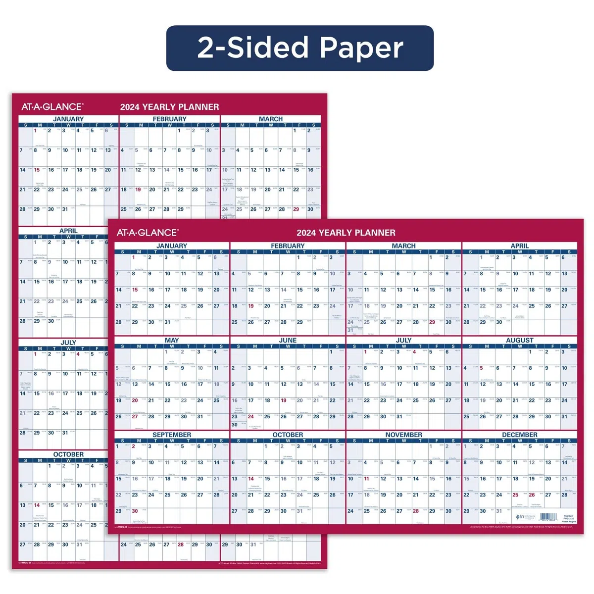 AT-A-GLANCE Calendario de pared de papel 2024, 24 x 36 pulgadas, extragrande, anual, reversible, vertical/horizontal (PM2122824)
