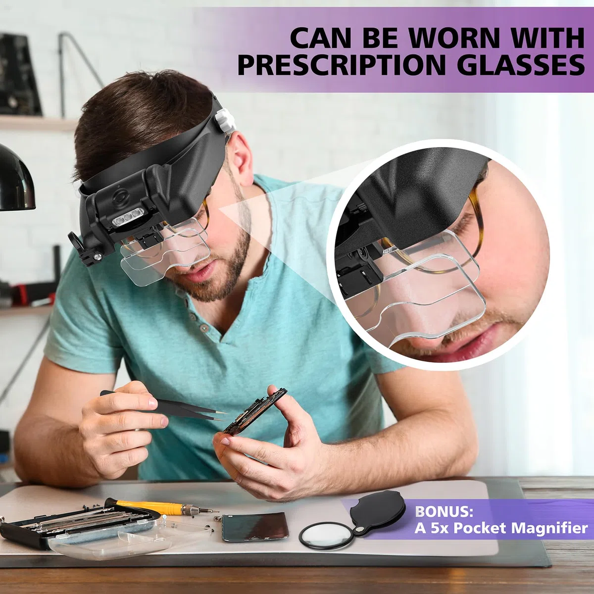 Lupa con luz manos libres, lupa de 1X a 14X para trabajo cercano, auriculares de lupa ajustables para joyeros con lentes intercambiables 1x, 1.5X, 2X, 2.5X, 3.5X para pasatiempos, monedas,