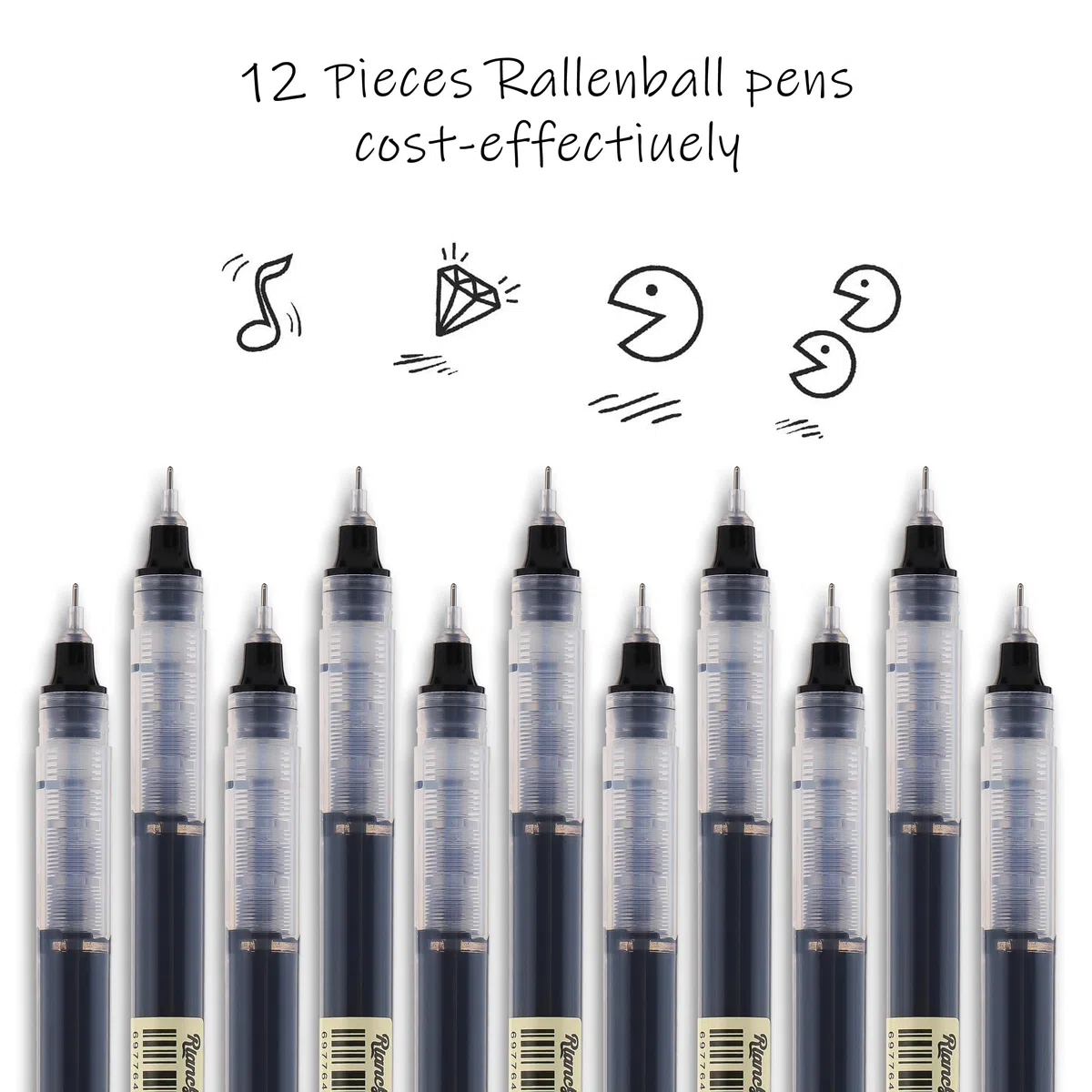 12 bolígrafos rodantes, tinta de secado rápido, 0,5 mm, punta extrafina, tinta líquida, bolígrafo Rollerball, color negro