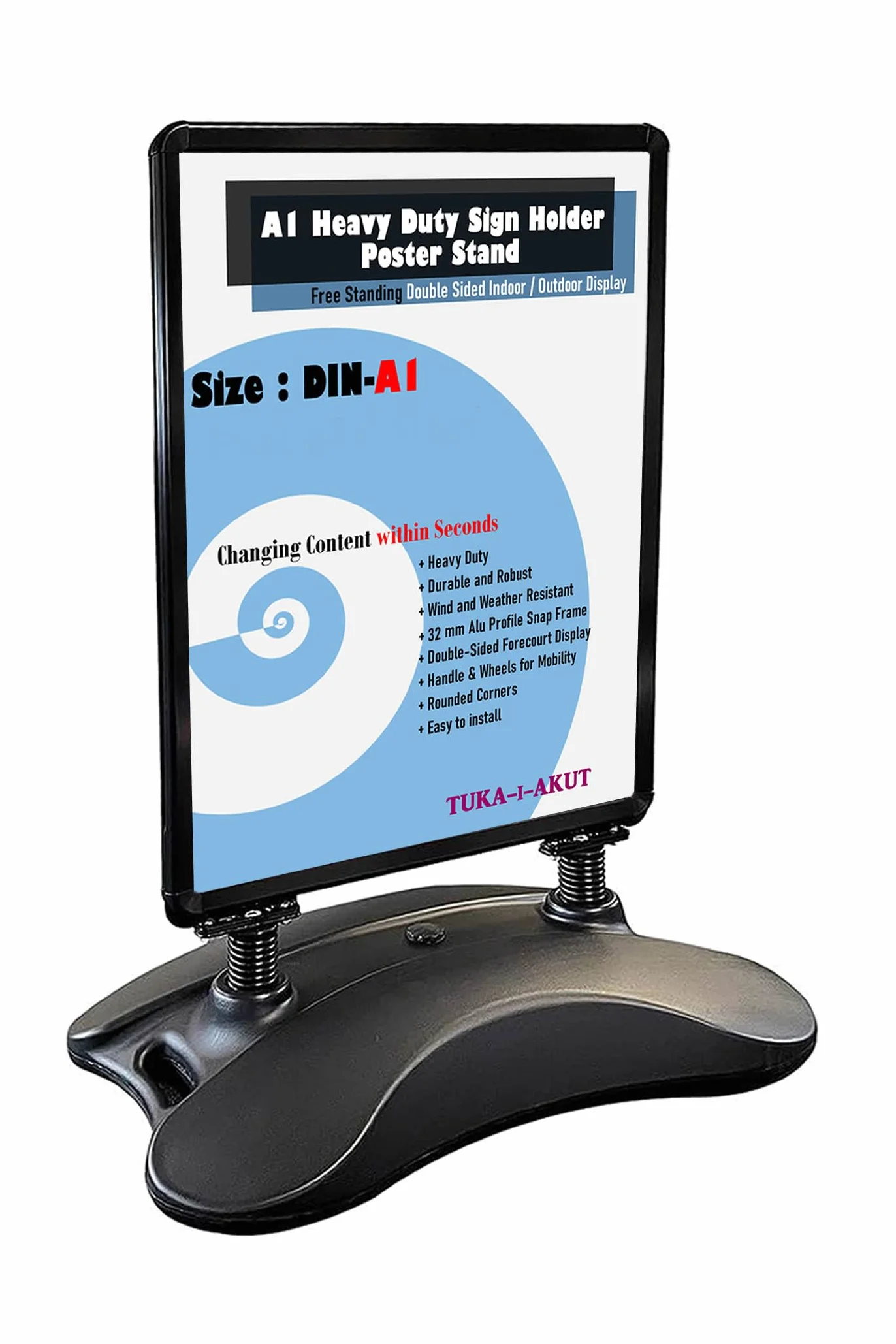 TUKA-i-AKUT DIN A1 Soporte para Carteles, Doble Cara, Robusto Expositor de Póster con Ruedas y Marco de Aluminio, Base Resistente, Soporte Publicitario Estable Interiores y Exteriores, TKD8425 Negro