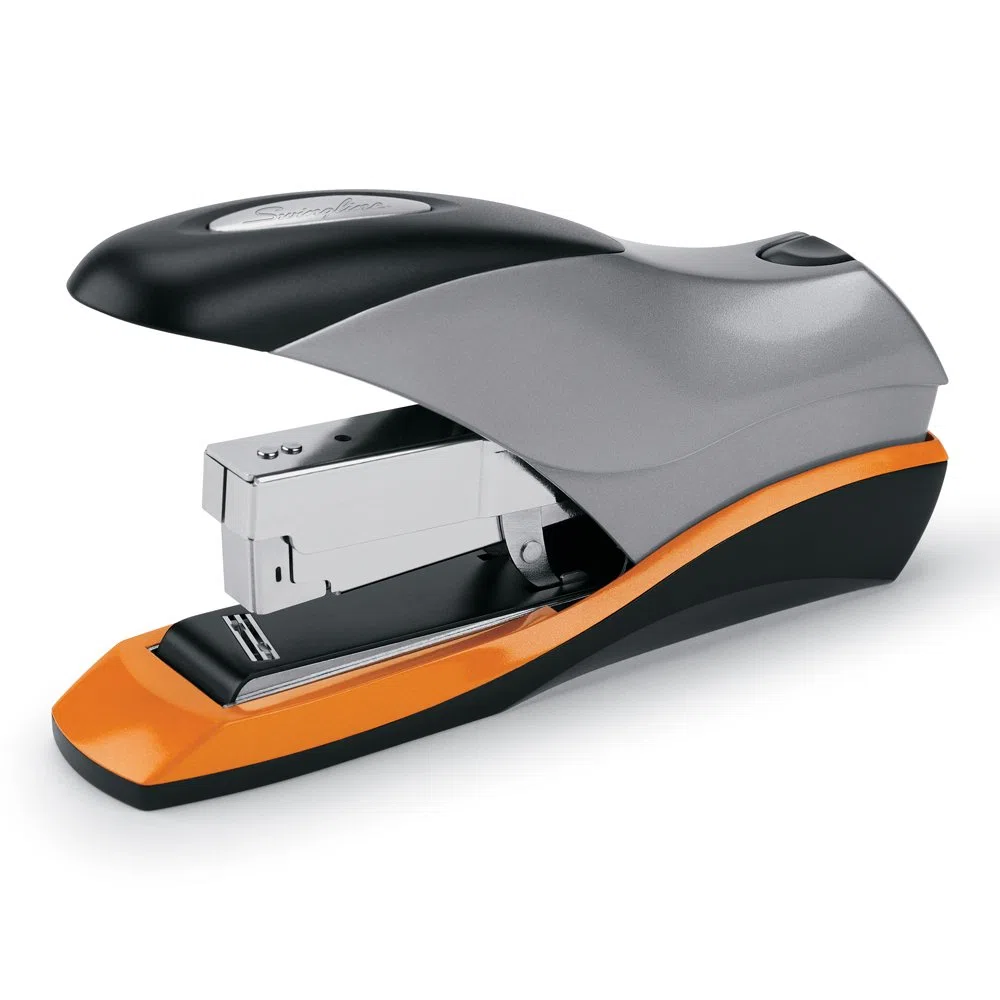 Swingline Grapadora, capacidad de 70 hojas, Optima 70, sin atascos, menor esfuerzo, agarre suave, metal, plata, negro y naranja (87870)
