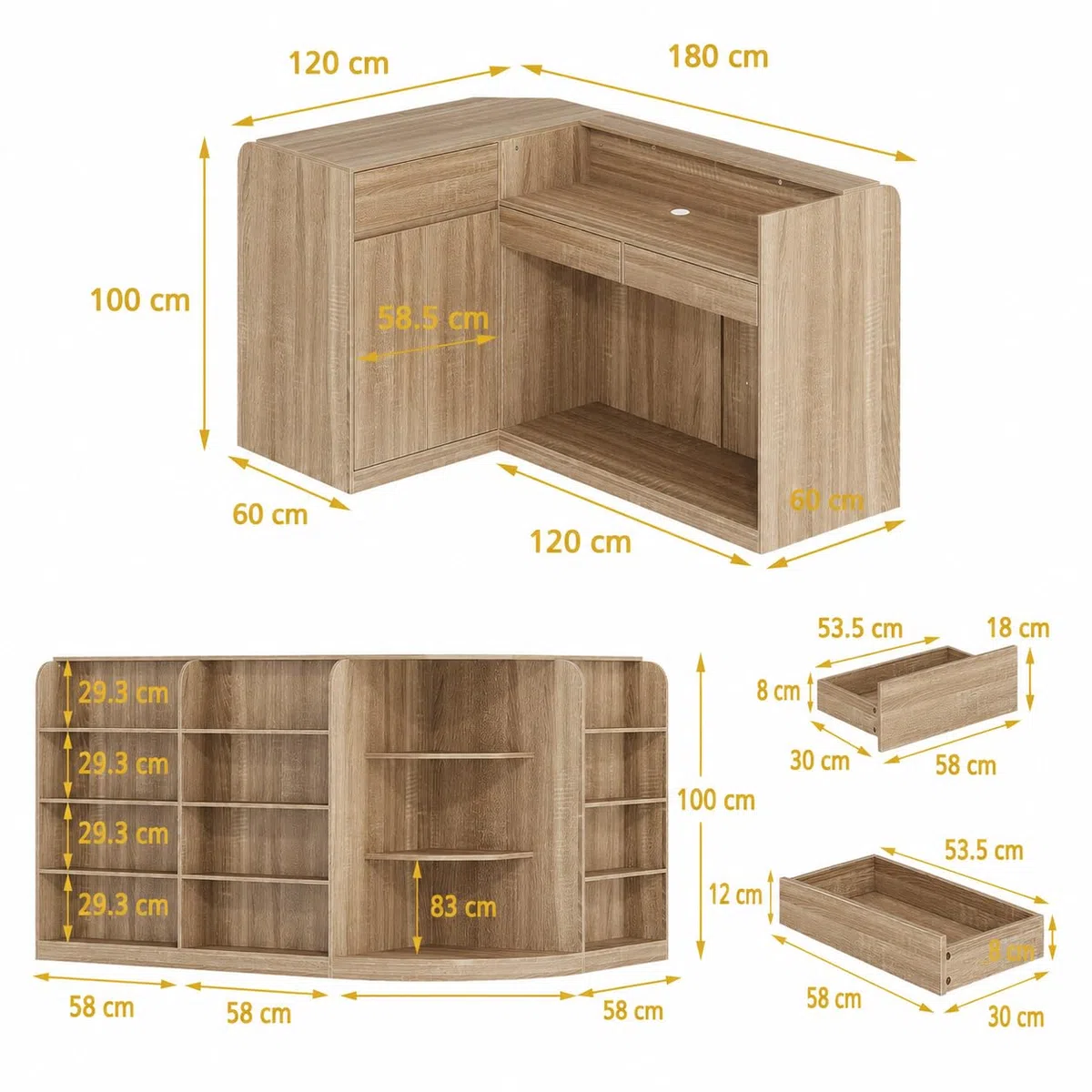 Mesa de recepción en forma de L con espacio de almacenamiento – Moderno mostrador de recepción con 3 cajones y armario, mesa de mostrador de madera para oficina, hotel, salón, práctica y