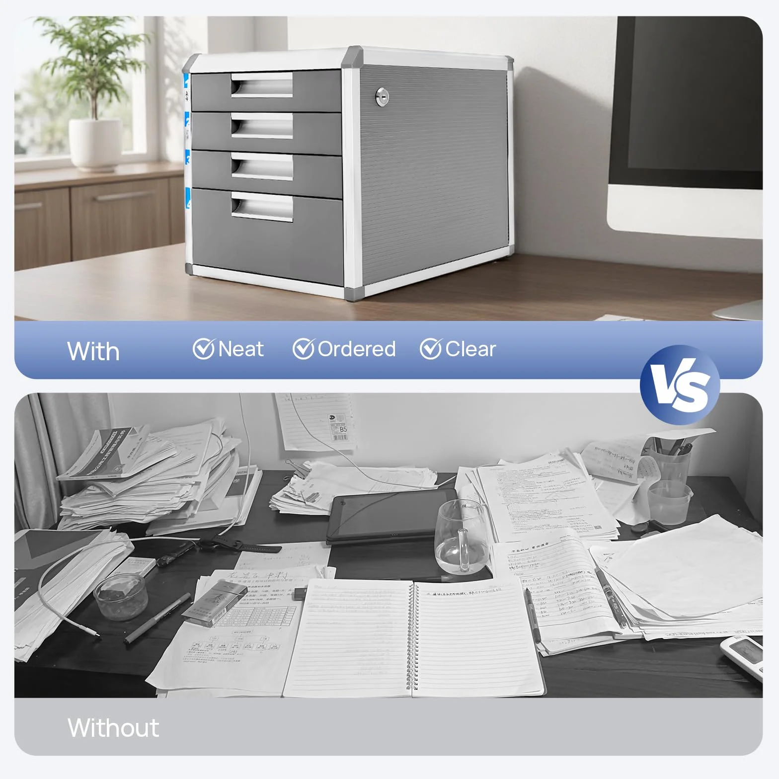 Armario archivador con 4 cajones con cerradura de aleación de aluminio – Caja para documentos DIN A4 31,5 x 35 x 29,8 cm – 1 compartimentos grandes + 3 pequeños, estantes de MDF y 2 llaves – gris y