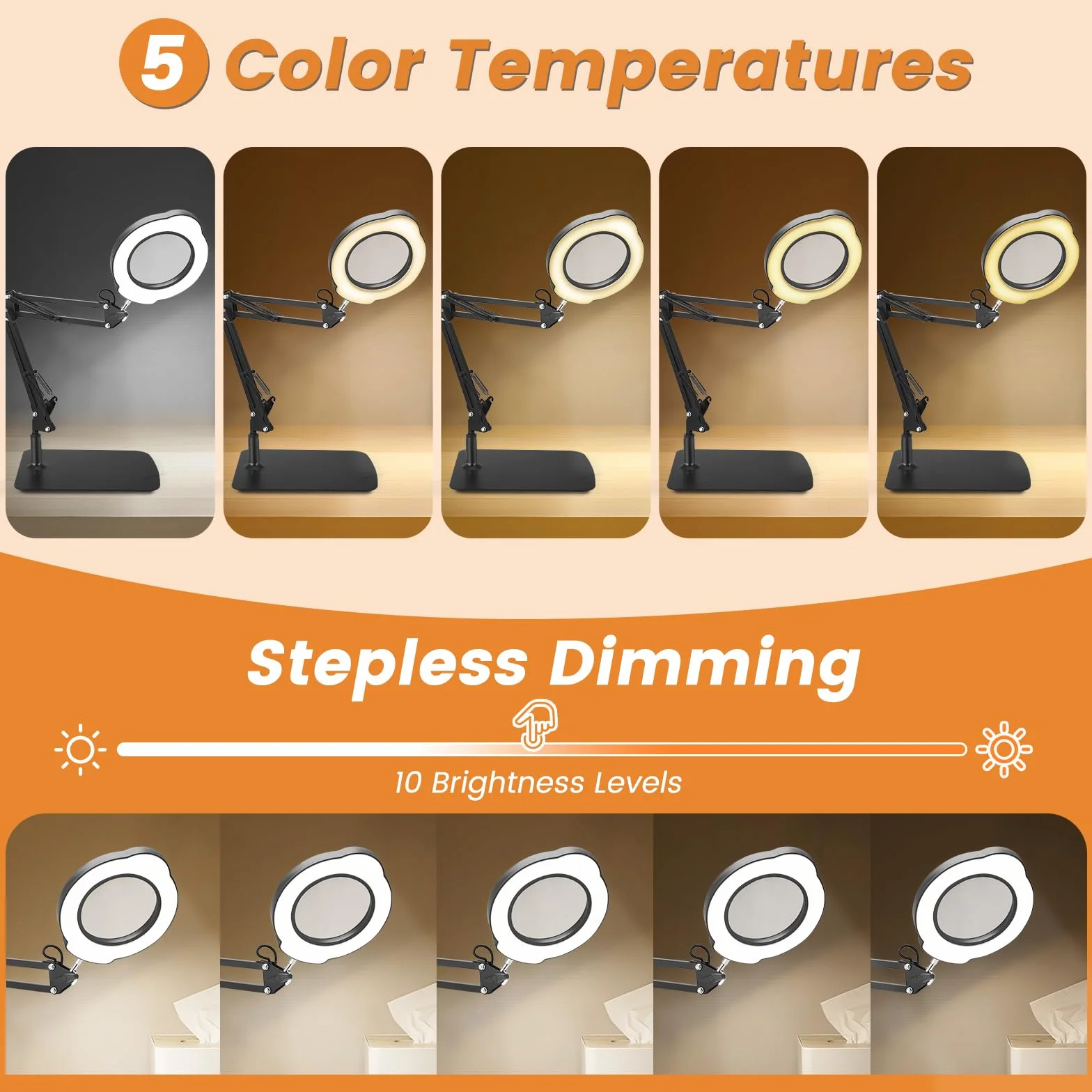 Lupa con Luz 15X, 5 temperaturas de Color y 10 Niveles de Brillo, Lupa Multifuncional con Brazos Flexibles y Cabezal Giratorio de 360°, Ideal para Leer Magnifying Glass