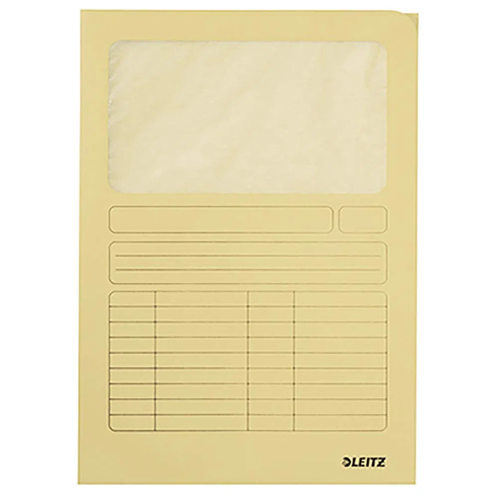 Esselte LEITZ 3950-00-15 - Carpeta con ventana, DIN A4, cartón con ventana, color amarillo, 160 gqm, parte superior con rejilla para escribir en la parte superior, 100 unidades