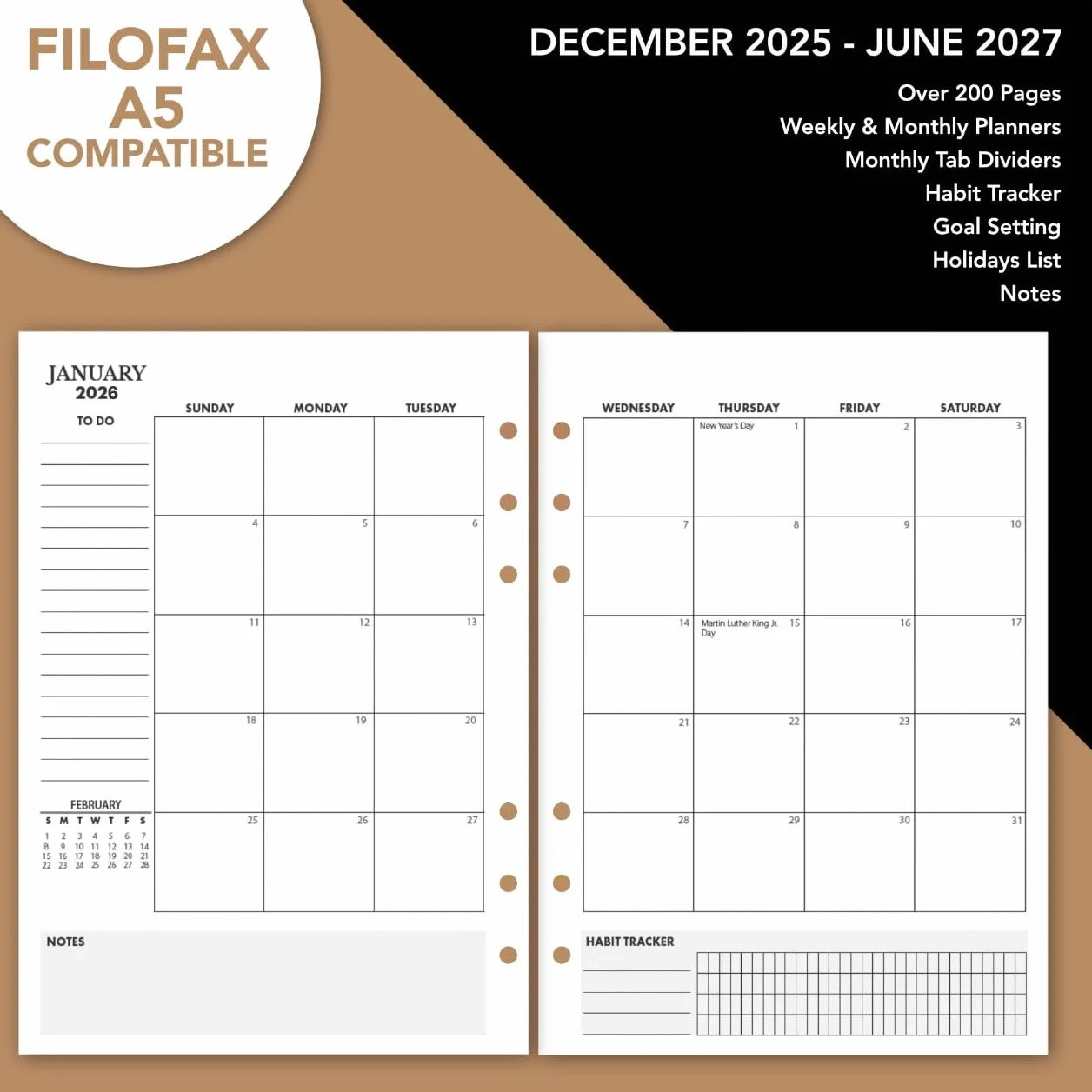 WANDERINGS Planificador A5 Cuero Carpeta - Diario Recargable 6 Anillas - Organizador Cuero Genuino Hecho a Mano Compatible Filofax