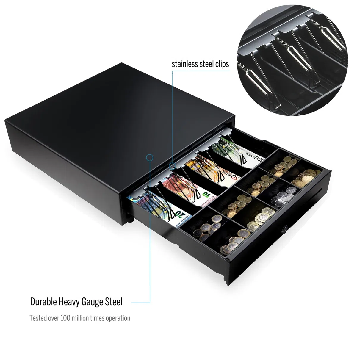 HONEY BEAR Cajón registrador para impresora térmica de recibos de sistema POS, con interfaz RJ11 de 12 V, bandeja para 4 billetes y 8 monedas, color negro