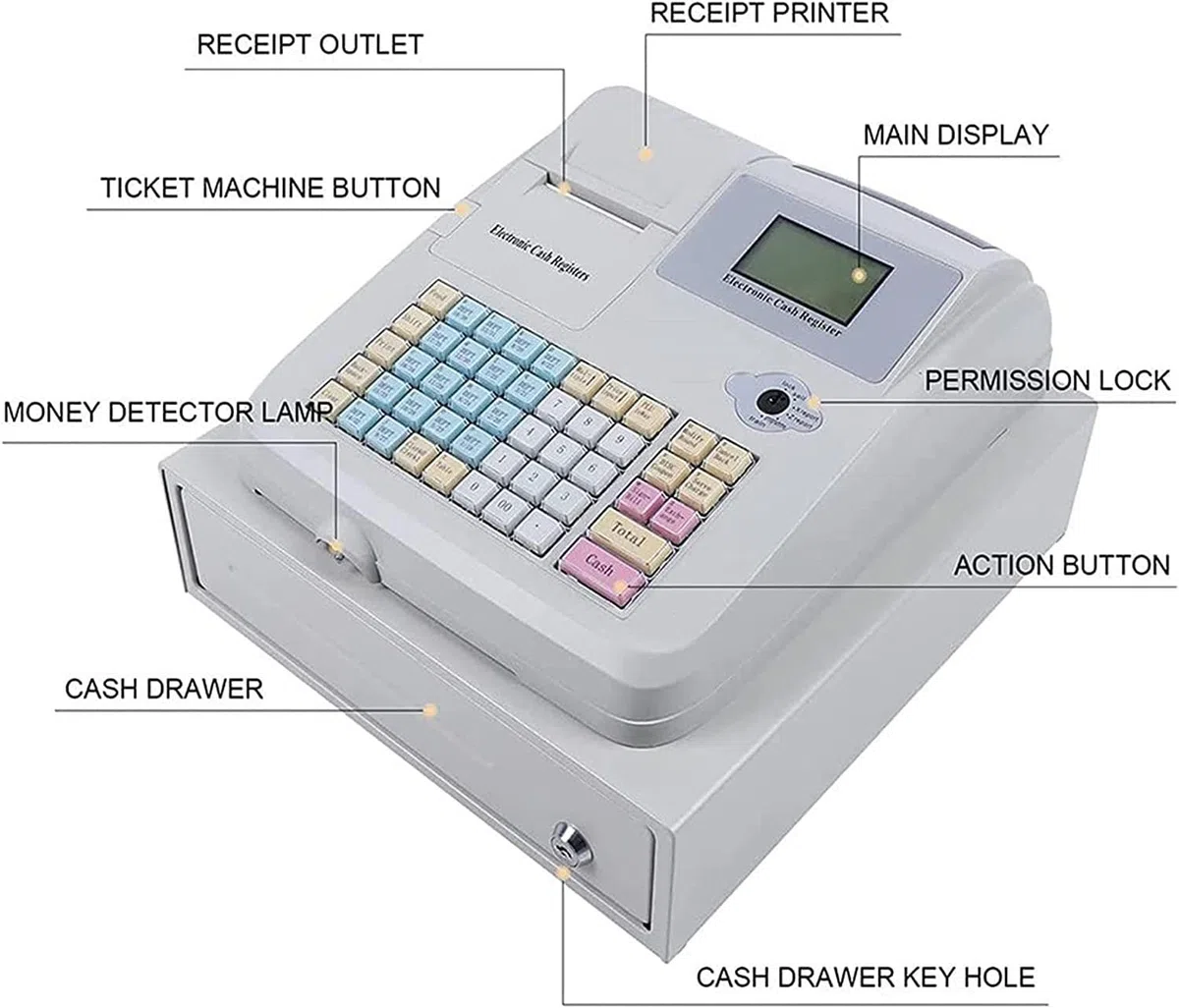 Caja registradora Sistema TPV electrónico con cajón, Caja registradora Comercial de 8 Leds Digitales 48 Teclas para pequeñas Empresas, restaurantes y supermercados