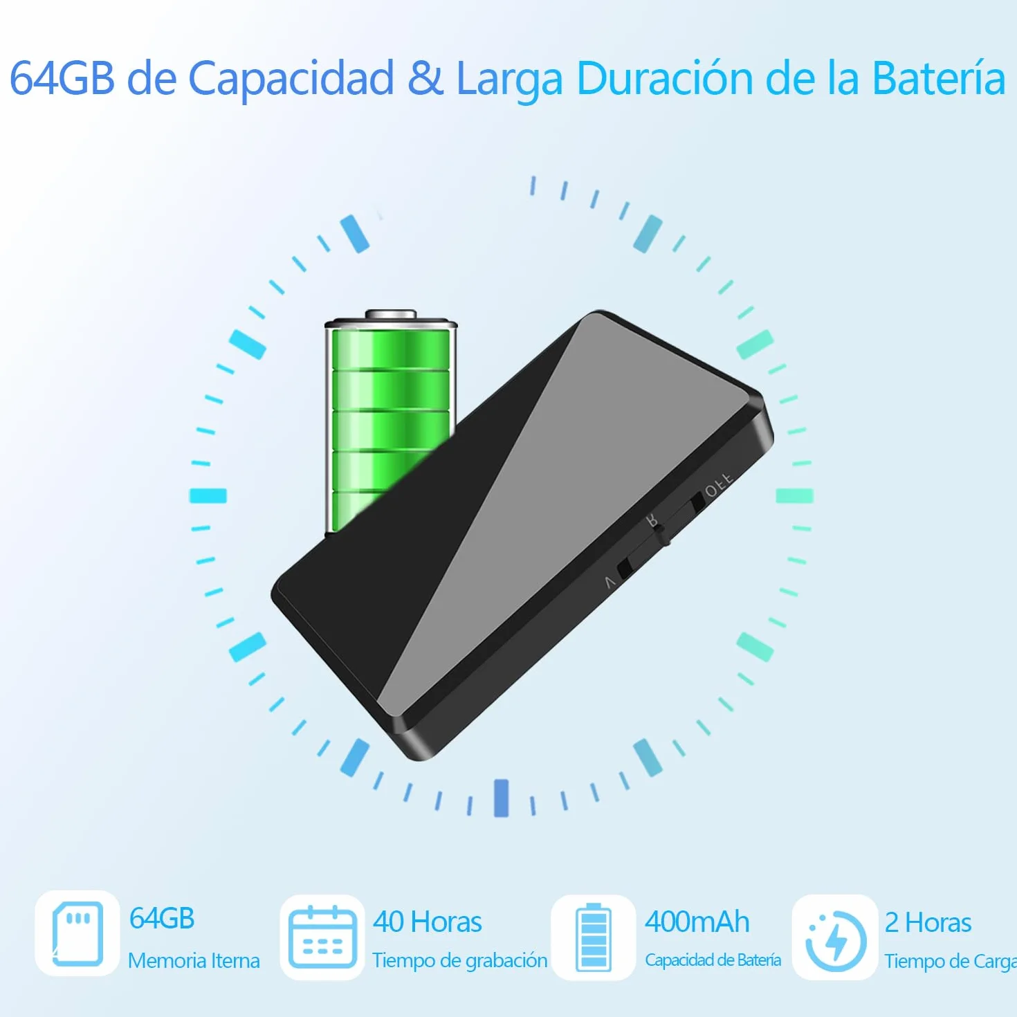 Grabadora de Voz Mini 64 GB Activación Vocal Recargable USB para Reuniones