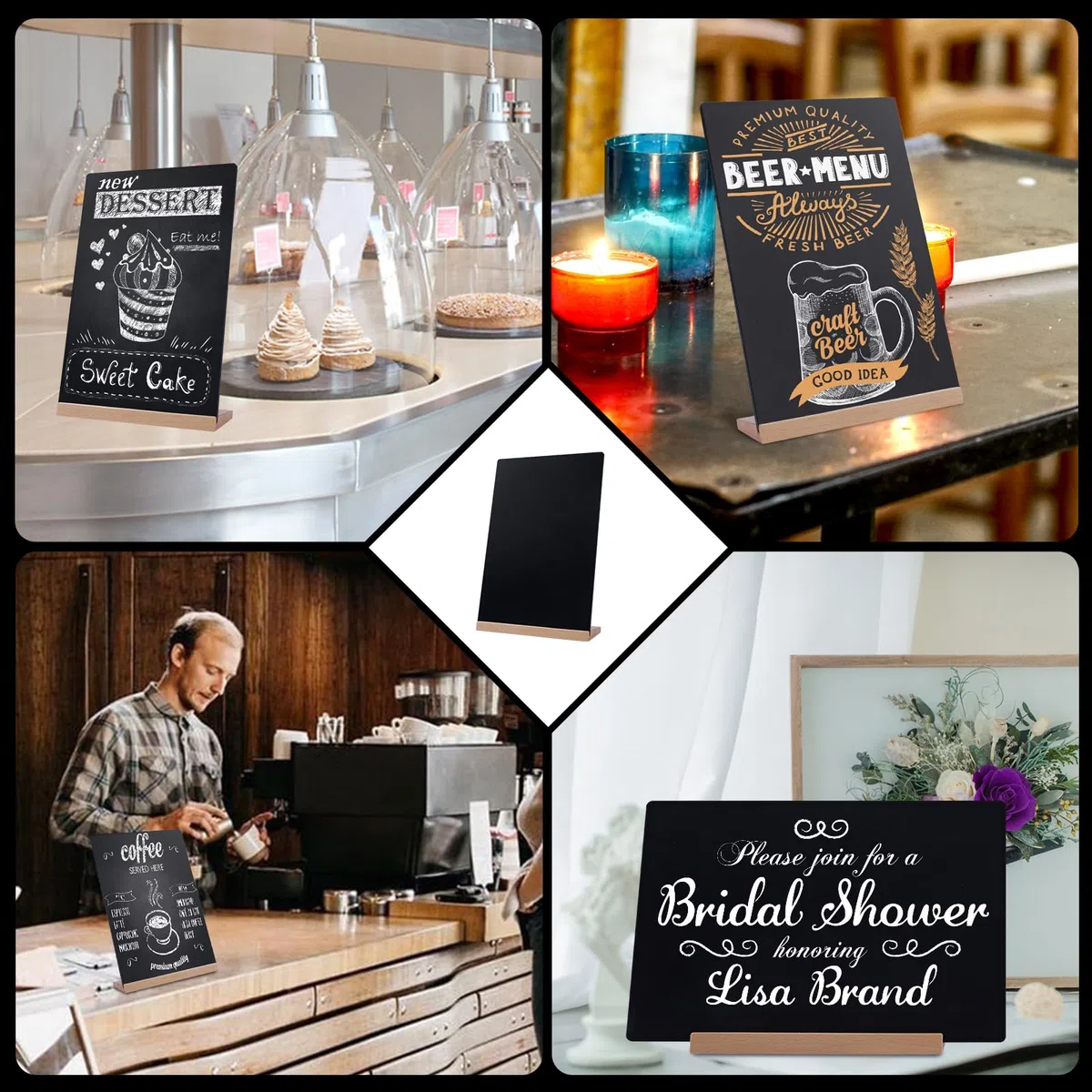 Mini pizarra de tiza de 8 x 12 pulgadas para exhibición de menú, pizarra de mesa de doble cara con base de madera y clips para decoración de bodas, restaurantes y eventos (2 unidades)