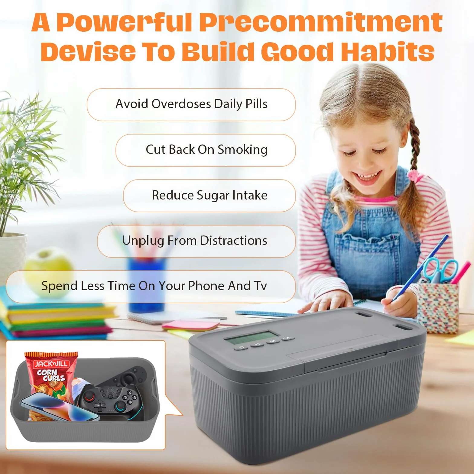 Caja fuerte con temporizador, Caja bloqueable para móviles, Caja de seguridad de autocontrol - Azul y gris