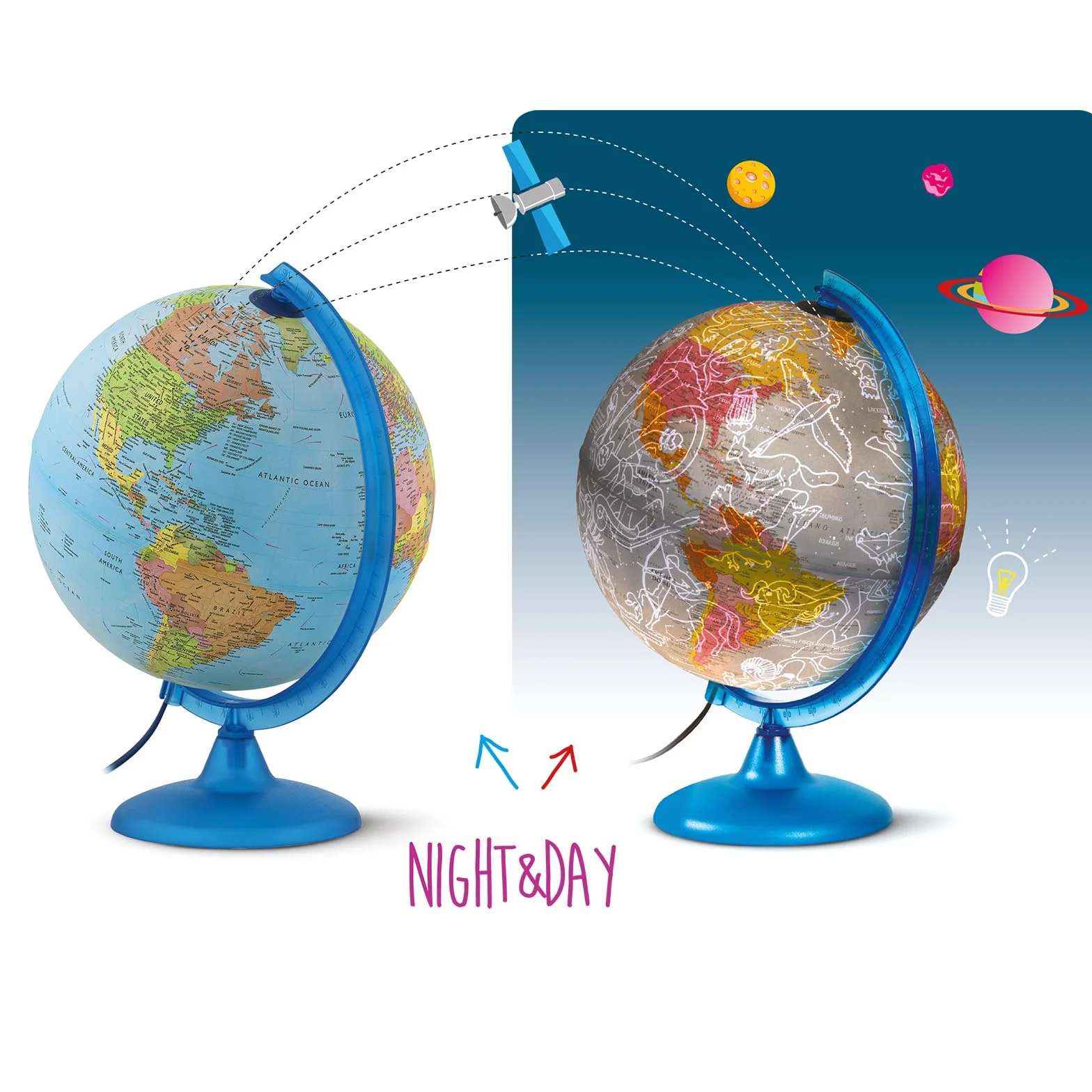 Tecnodidattica Night&Day Globo Terráqueo 25cm Doble Función Política y Constelaciones Luminoso Giratorio Meridiano Graduado
