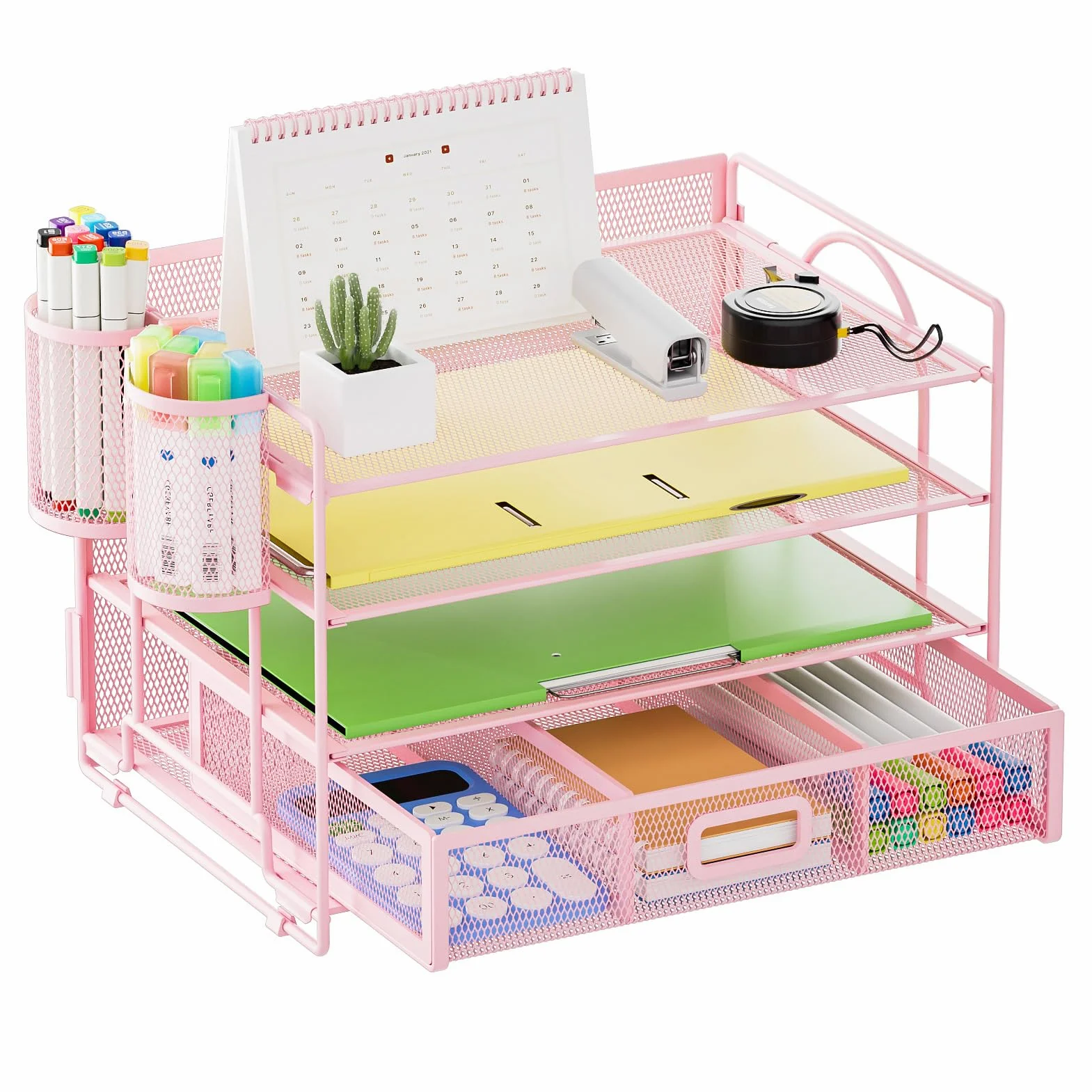 Marbrasse Organizador Escritorio 4-Tire Bandejas Oficina Soportes Bolígrafos Rosa