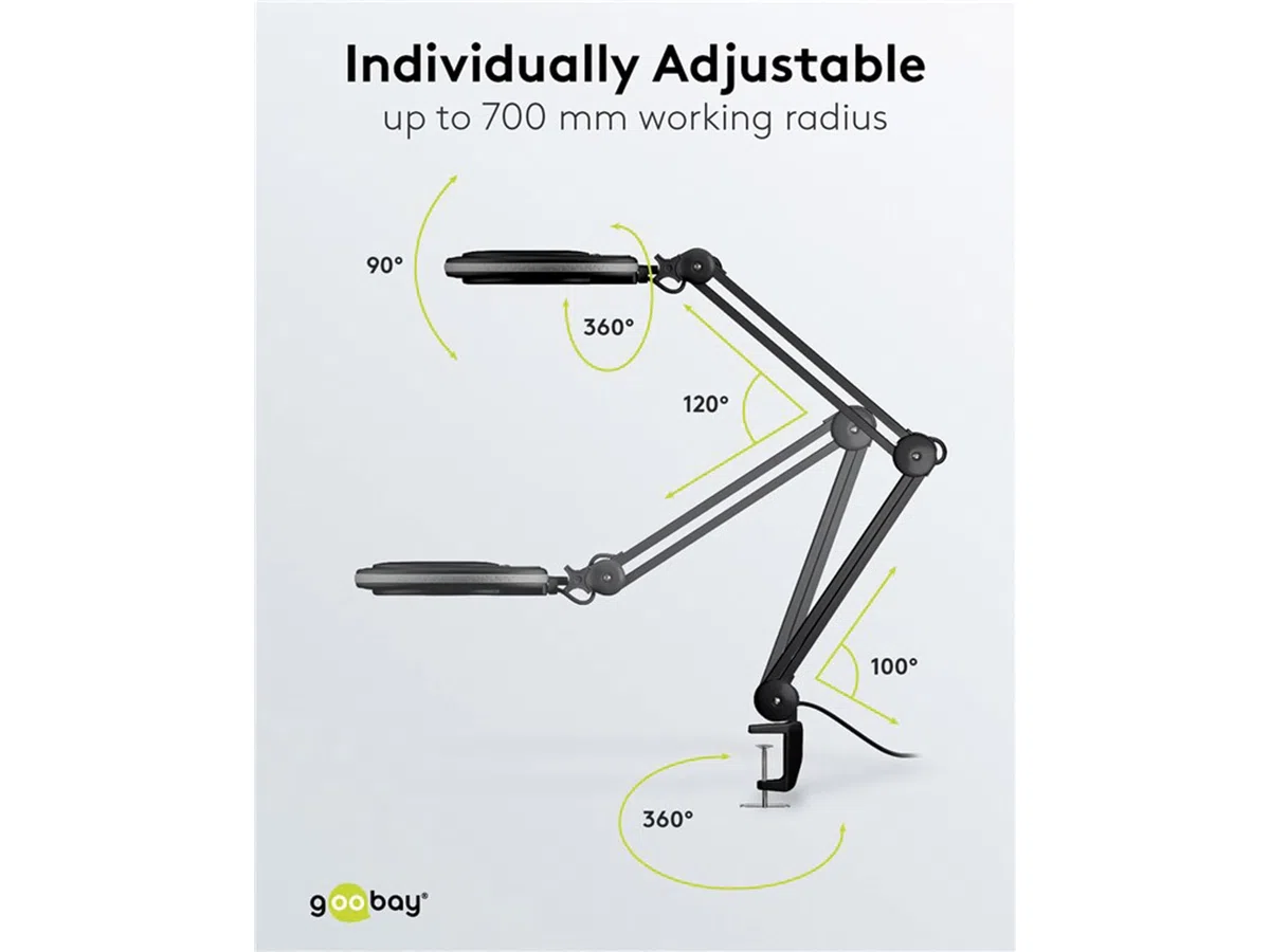 goobay 64989 Lámpara aumento LED 8W 650lm/ pinza/lente cristal 127mm 1,75 aumentos/lupa trabajo cosmética, soldadura, manualidades, leer/brazo doble articulación/lámpara sobremesa